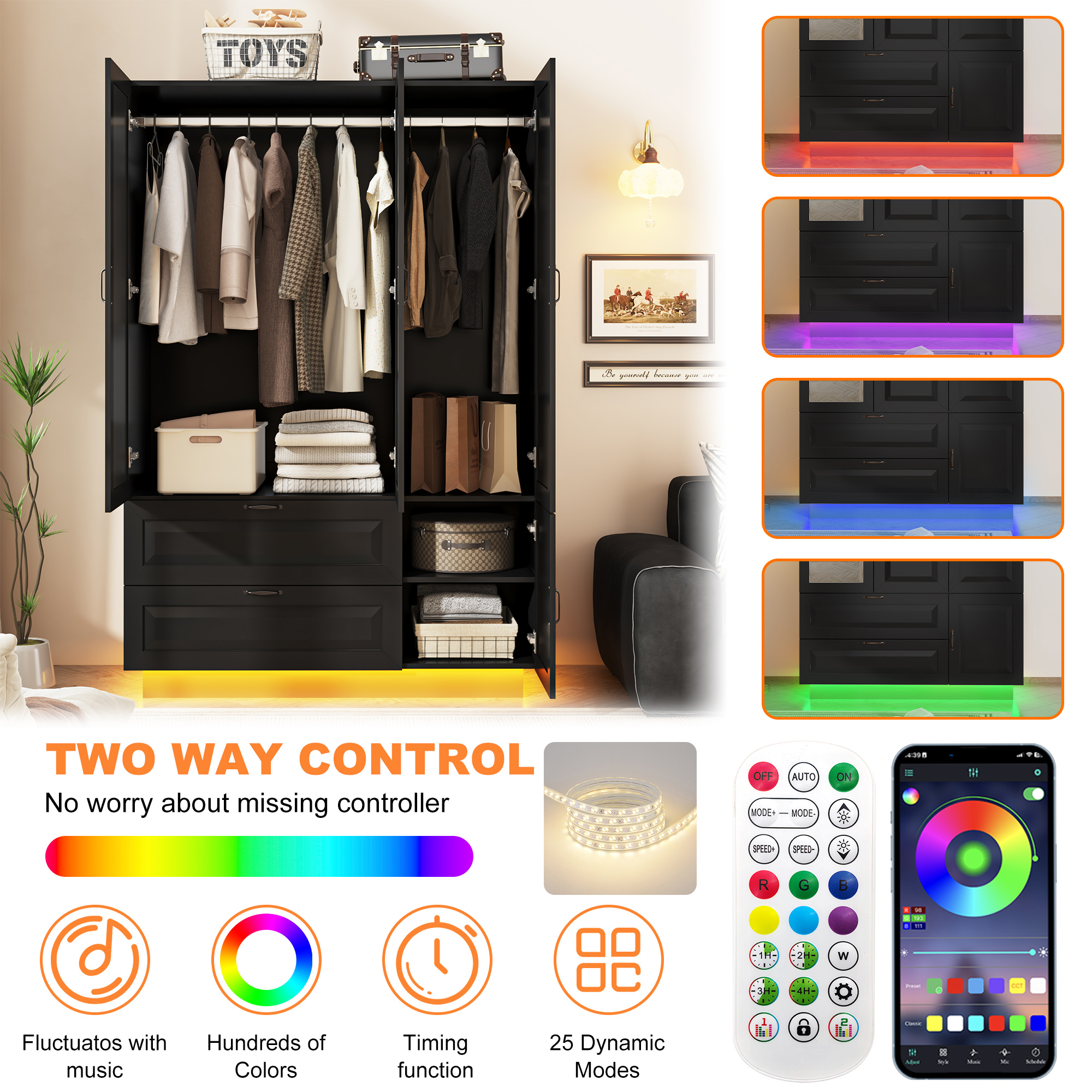 ANPOO Mid-Century Modern Concave-Convex Bedroom Armoire, 3 Door Freestanding Wardrobe Closet with Mirrors, LED Lights, 70.3" Tall Wooden Storage Cabinet with Drawers & Shelves