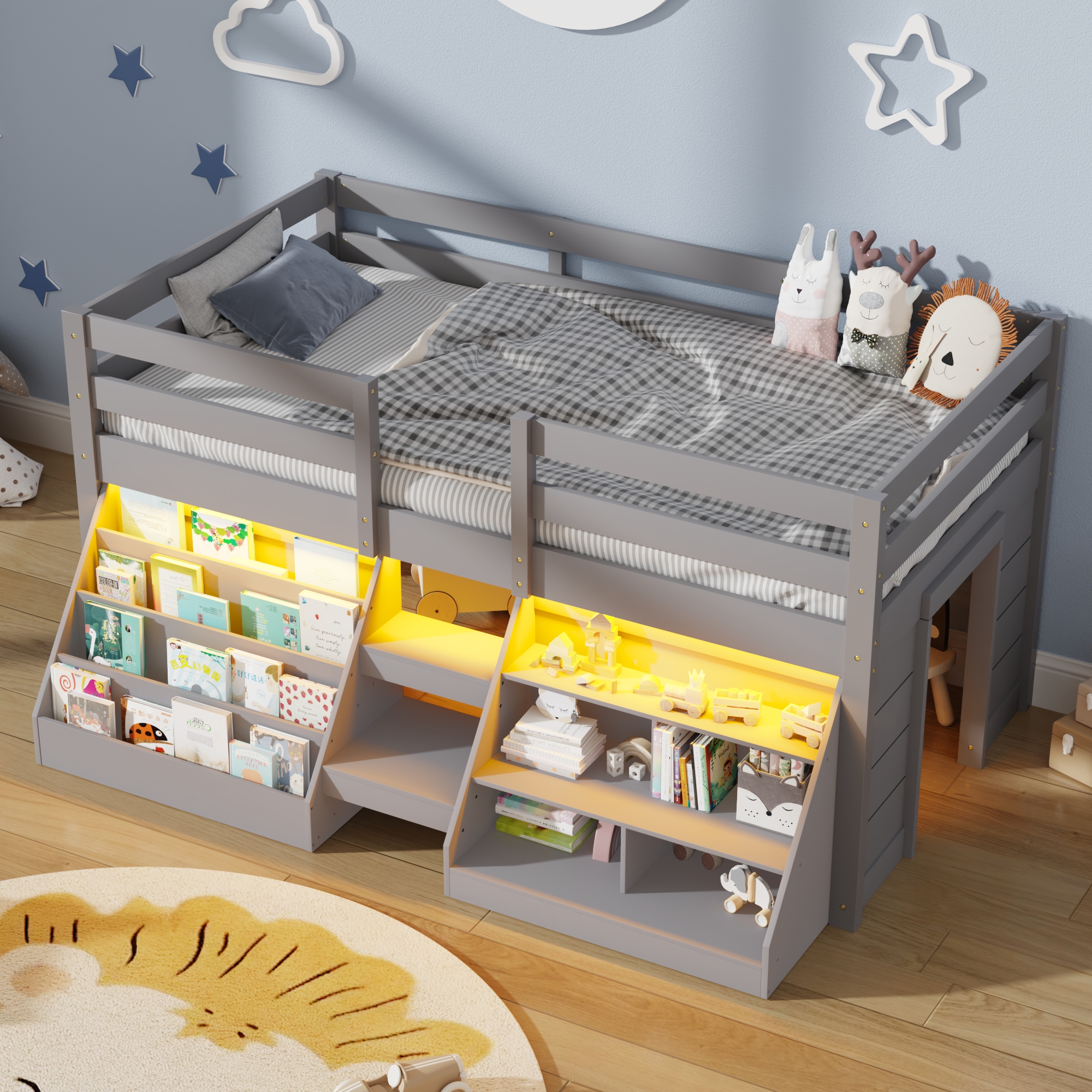 Blotout Twin Size Low Loft Bed with LED Lights & Storage for Kids, LED Wooden Loft Twin Size Bed with Stairs & Storage Bookcase, Loft Bed with Safety Guardrail and Under-Bed Play Space, White