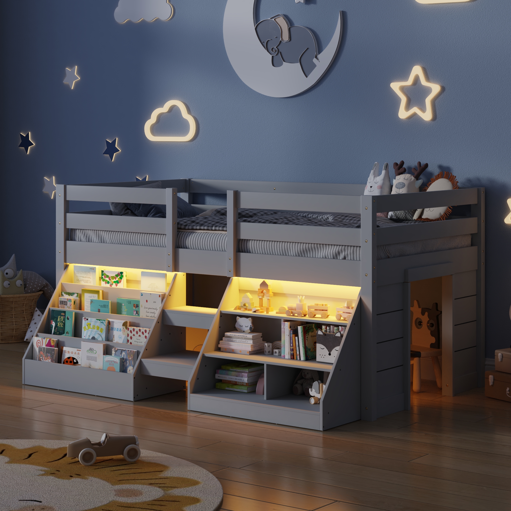 Blotout Twin Size Low Loft Bed with LED Lights & Storage for Kids, LED Wooden Loft Twin Size Bed with Stairs & Storage Bookcase, Loft Bed with Safety Guardrail and Under-Bed Play Space, White