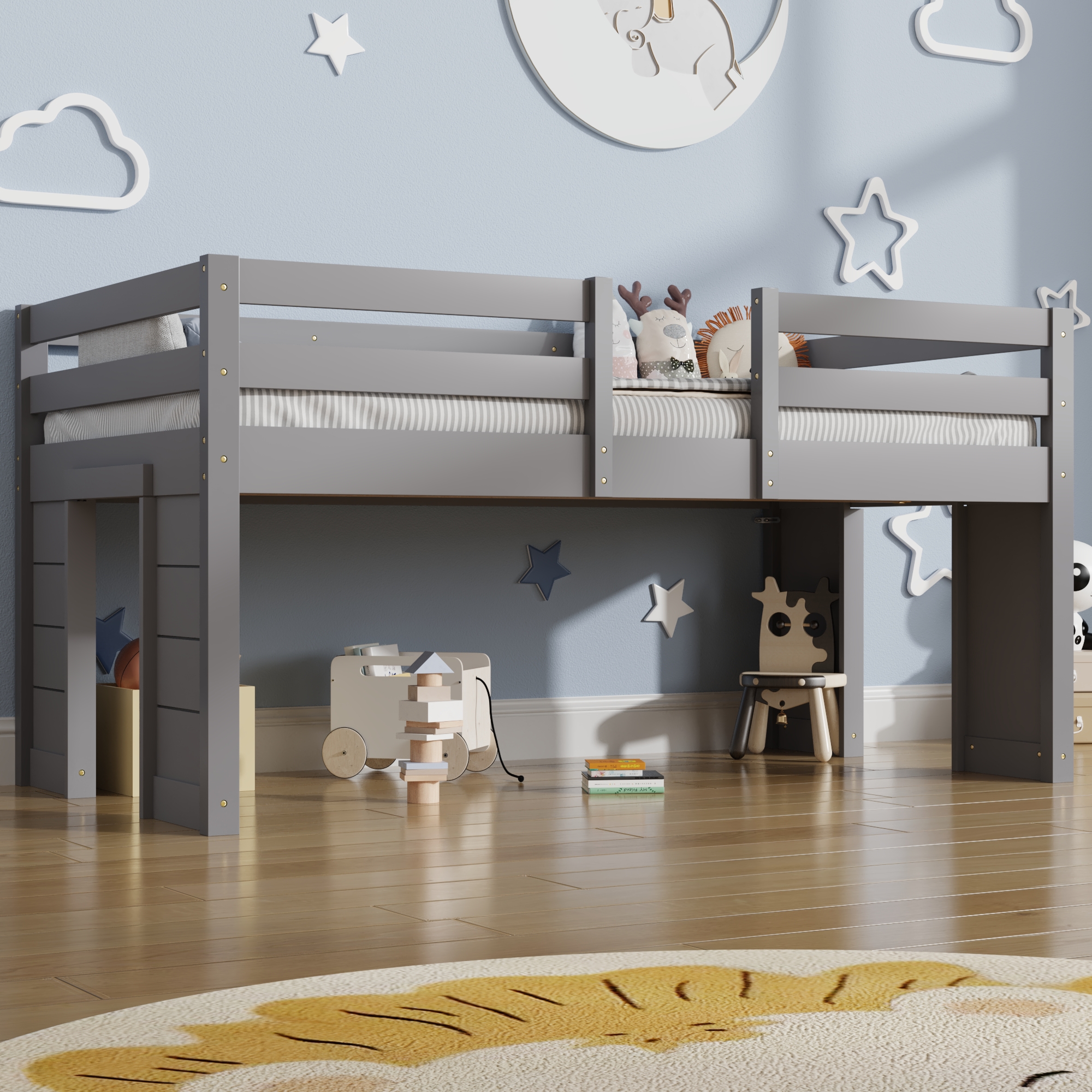 Blotout Twin Size Low Loft Bed with LED Lights & Storage for Kids, LED Wooden Loft Twin Size Bed with Stairs & Storage Bookcase, Loft Bed with Safety Guardrail and Under-Bed Play Space, White