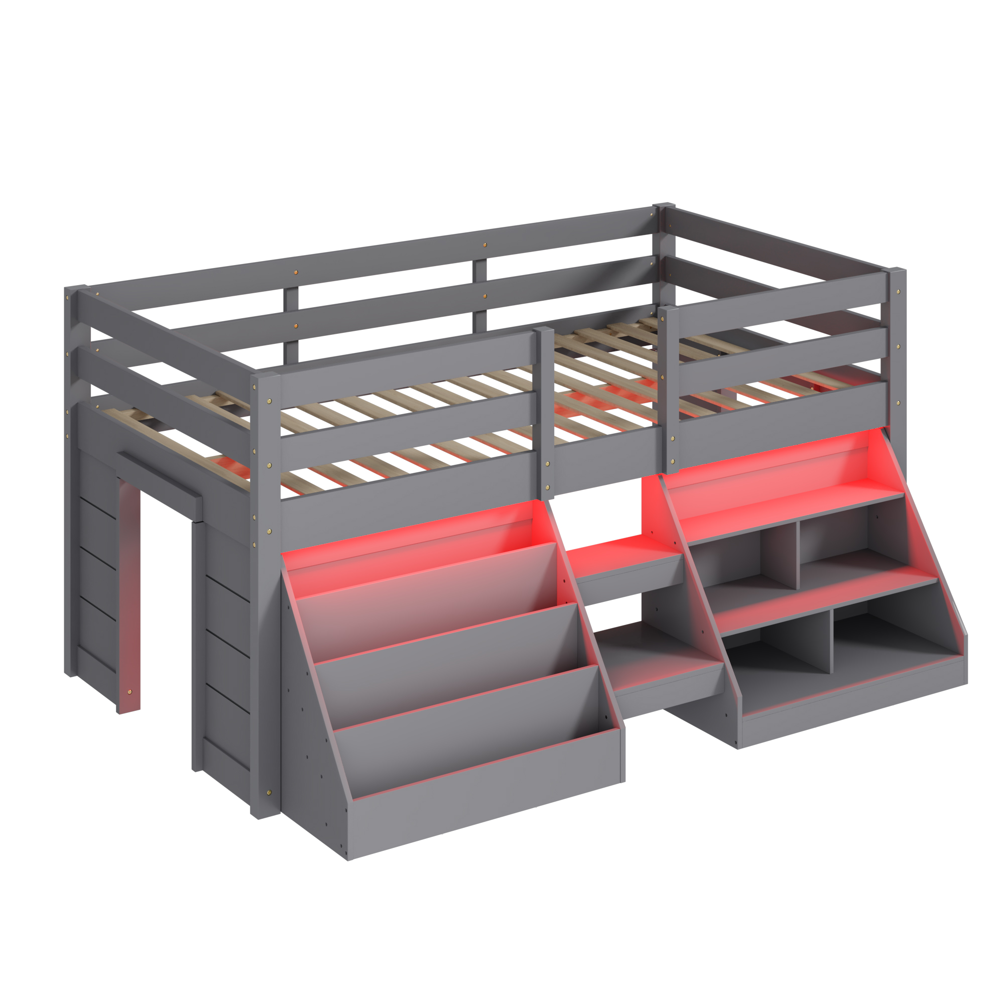 Blotout Twin Size Low Loft Bed with LED Lights & Storage for Kids, LED Wooden Loft Twin Size Bed with Stairs & Storage Bookcase, Loft Bed with Safety Guardrail and Under-Bed Play Space, White