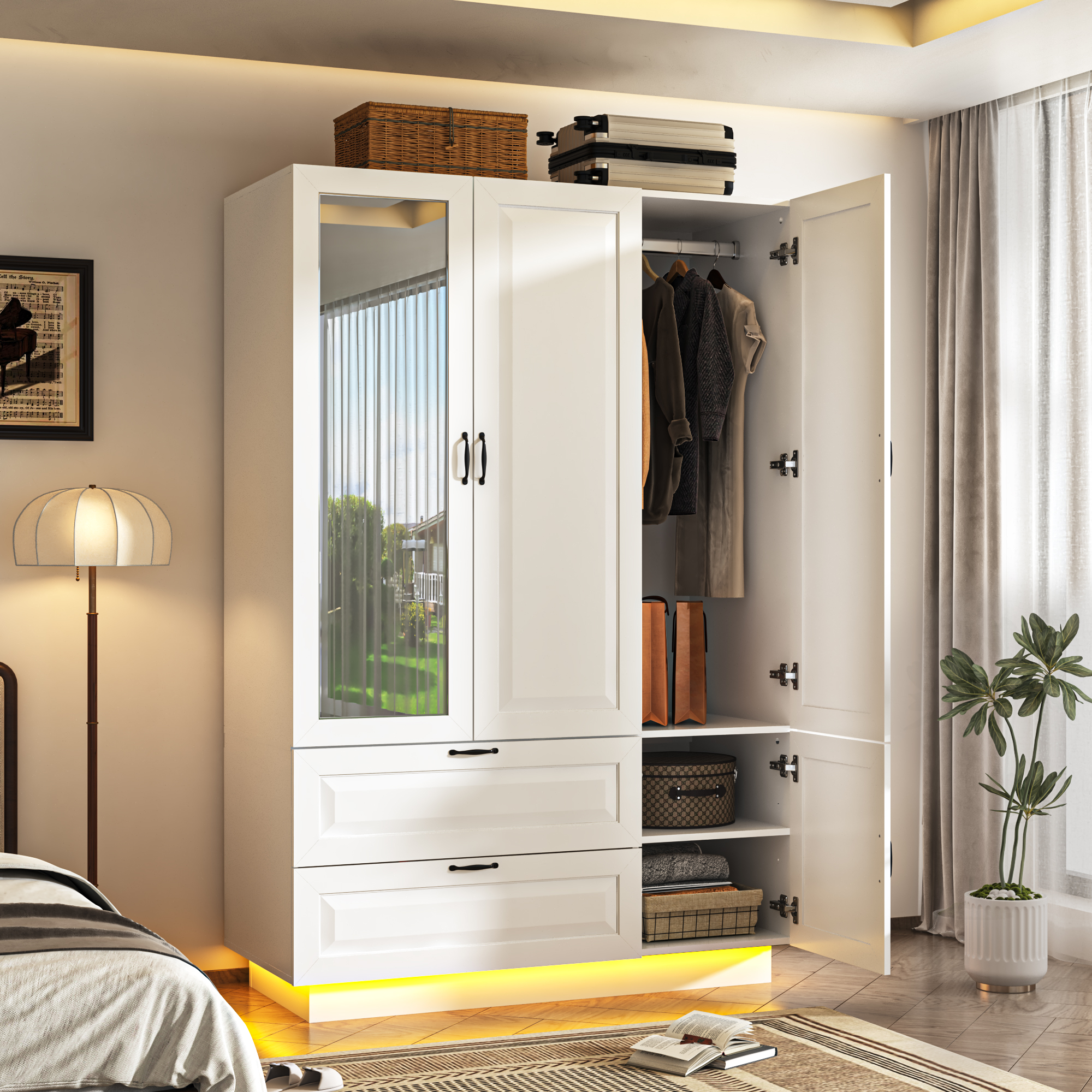 ANPOO Mid-Century Modern Concave-Convex Bedroom Armoire, 3 Door Freestanding Wardrobe Closet with Mirrors, LED Lights, 70.3" Tall Wooden Storage Cabinet with Drawers & Shelves