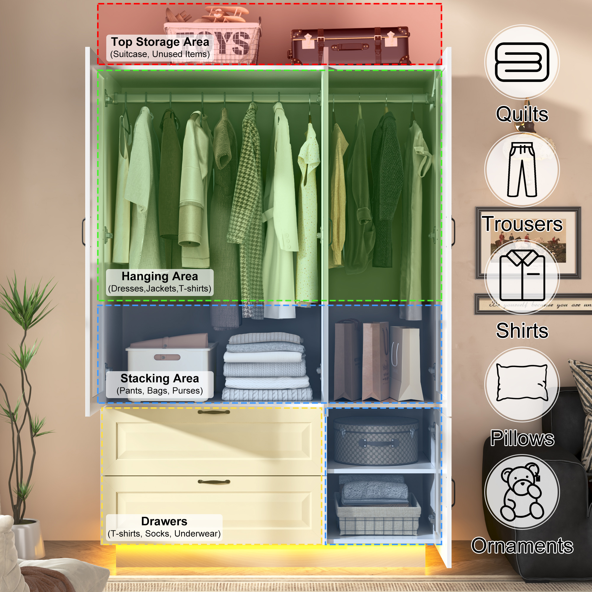 ANPOO Mid-Century Modern Concave-Convex Bedroom Armoire, 3 Door Freestanding Wardrobe Closet with Mirrors, LED Lights, 70.3" Tall Wooden Storage Cabinet with Drawers & Shelves