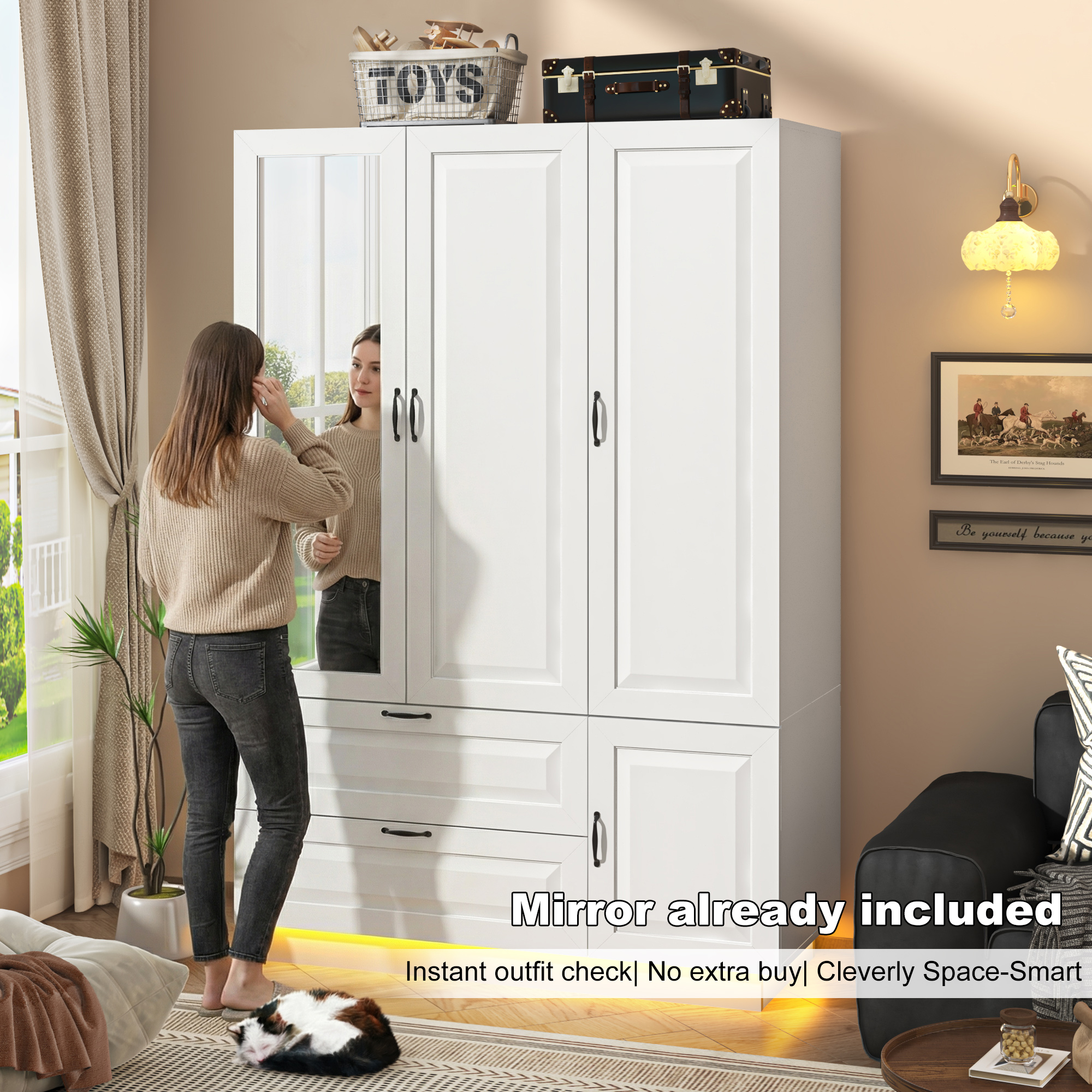 ANPOO Mid-Century Modern Concave-Convex Bedroom Armoire, 3 Door Freestanding Wardrobe Closet with Mirrors, LED Lights, 70.3" Tall Wooden Storage Cabinet with Drawers & Shelves