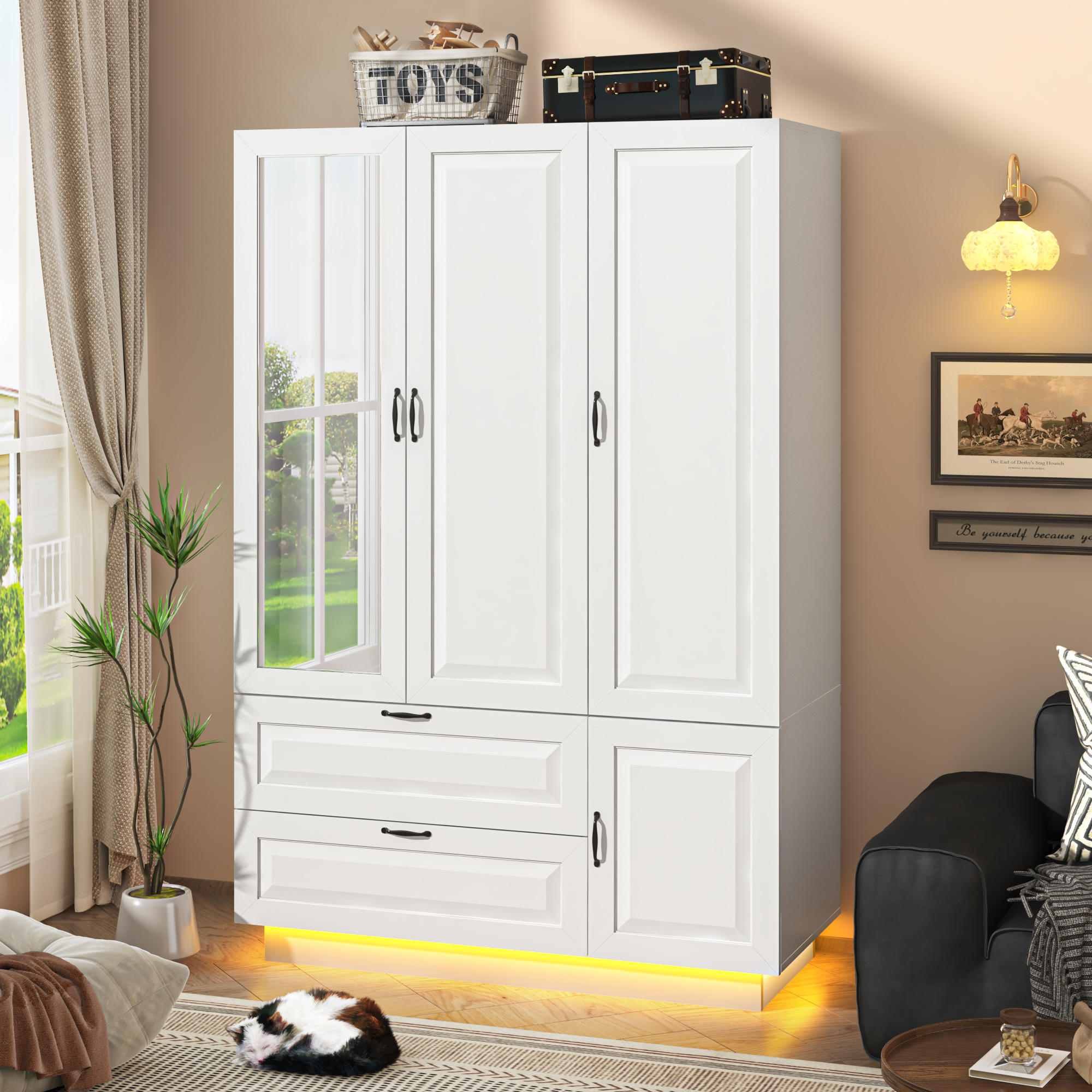 ANPOO Mid-Century Modern Concave-Convex Bedroom Armoire, 3 Door Freestanding Wardrobe Closet with Mirrors, LED Lights, 70.3" Tall Wooden Storage Cabinet with Drawers & Shelves