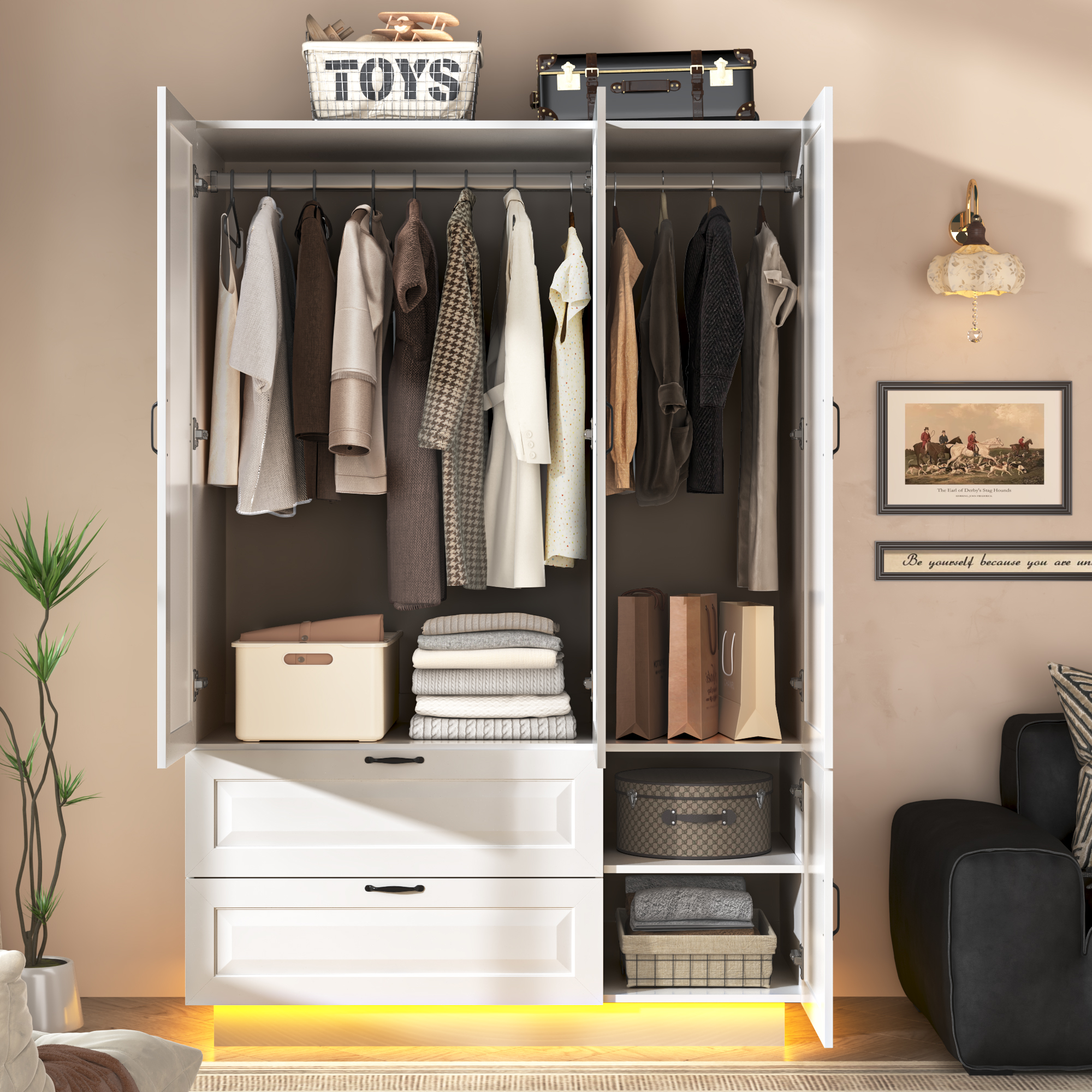 ANPOO Mid-Century Modern Concave-Convex Bedroom Armoire, 3 Door Freestanding Wardrobe Closet with Mirrors, LED Lights, 70.3" Tall Wooden Storage Cabinet with Drawers & Shelves