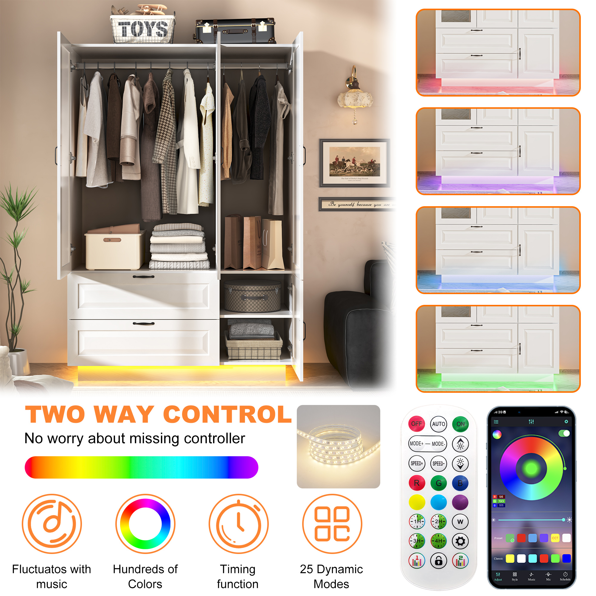ANPOO Mid-Century Modern Concave-Convex Bedroom Armoire, 3 Door Freestanding Wardrobe Closet with Mirrors, LED Lights, 70.3" Tall Wooden Storage Cabinet with Drawers & Shelves