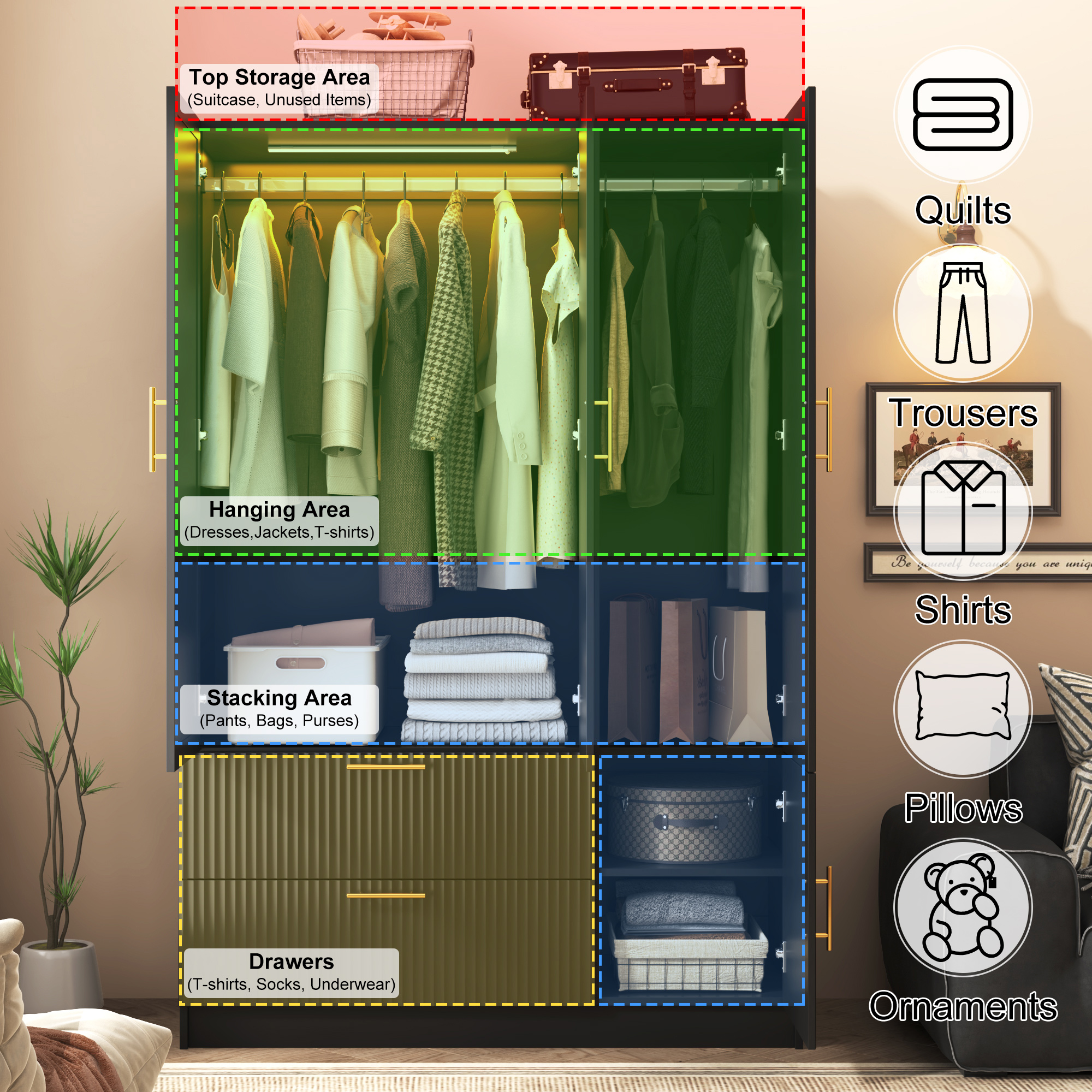 ANPOO Mid-Century Modern Fluted Bedroom Armoire, 3 Door Freestanding Wardrobe Closet with Mirrors, Motion Sensor LED Lights, 70.3" Tall Wooden Storage Cabinet with Drawers & Shelves