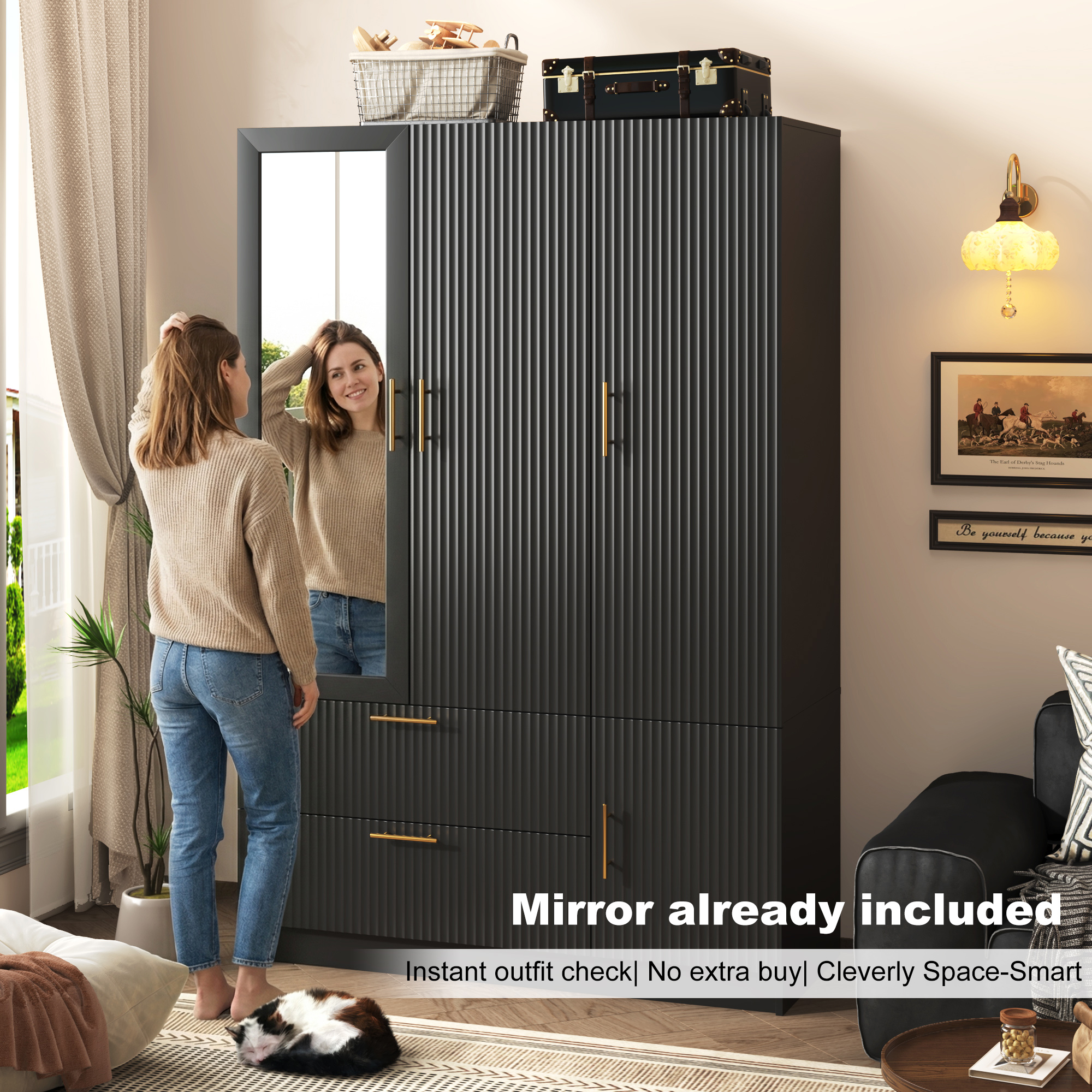 ANPOO Mid-Century Modern Fluted Bedroom Armoire, 3 Door Freestanding Wardrobe Closet with Mirrors, Motion Sensor LED Lights, 70.3" Tall Wooden Storage Cabinet with Drawers & Shelves