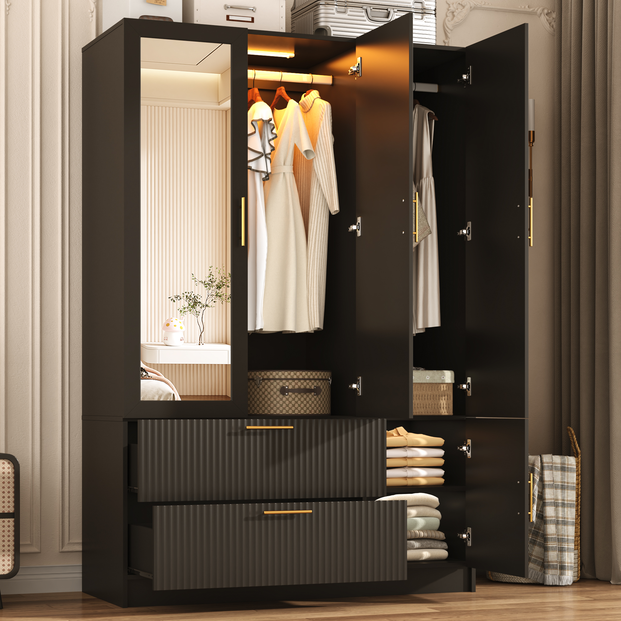 ANPOO Mid-Century Modern Fluted Bedroom Armoire, 3 Door Freestanding Wardrobe Closet with Mirrors, Motion Sensor LED Lights, 70.3" Tall Wooden Storage Cabinet with Drawers & Shelves