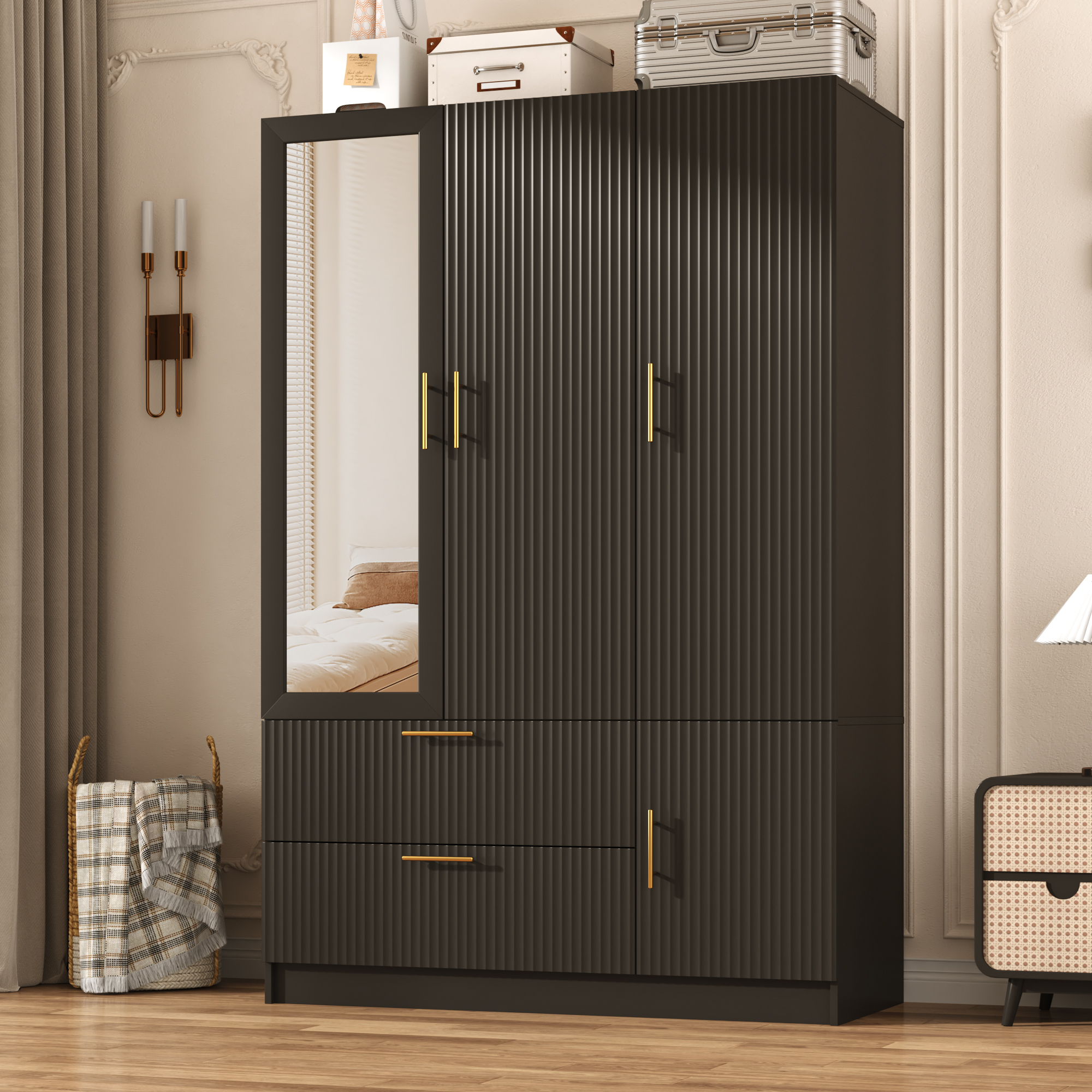 ANPOO Mid-Century Modern Fluted Bedroom Armoire, 3 Door Freestanding Wardrobe Closet with Mirrors, Motion Sensor LED Lights, 70.3" Tall Wooden Storage Cabinet with Drawers & Shelves