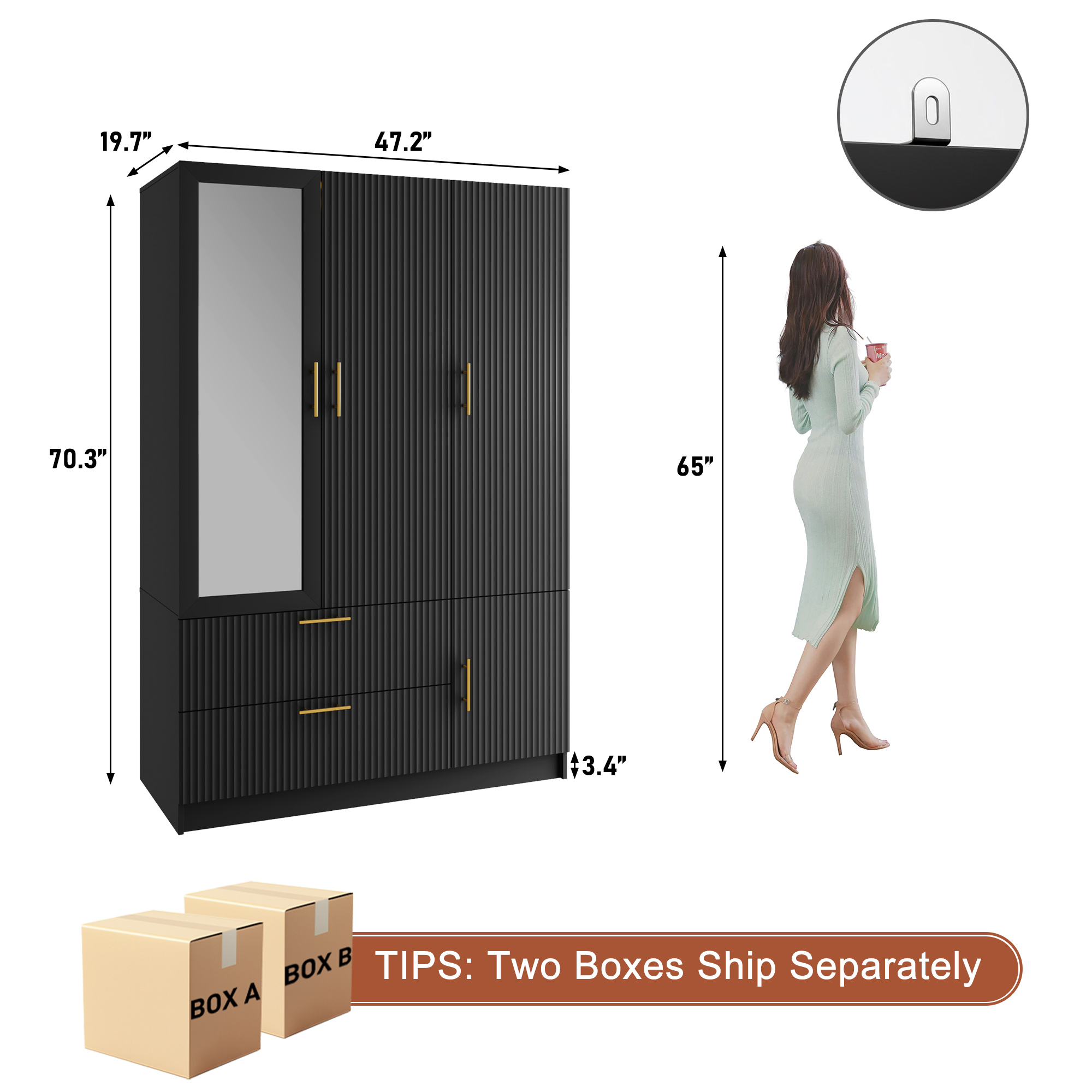ANPOO Mid-Century Modern Fluted Bedroom Armoire, 3 Door Freestanding Wardrobe Closet with Mirrors, Motion Sensor LED Lights, 70.3" Tall Wooden Storage Cabinet with Drawers & Shelves