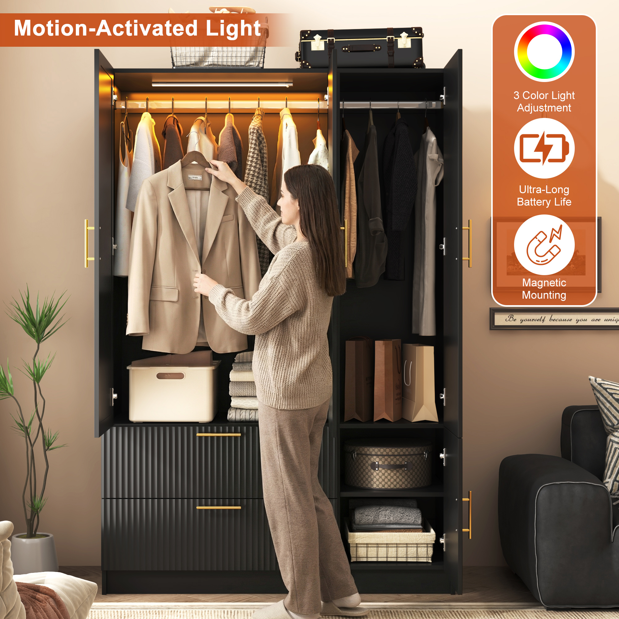 ANPOO Mid-Century Modern Fluted Bedroom Armoire, 3 Door Freestanding Wardrobe Closet with Mirrors, Motion Sensor LED Lights, 70.3" Tall Wooden Storage Cabinet with Drawers & Shelves