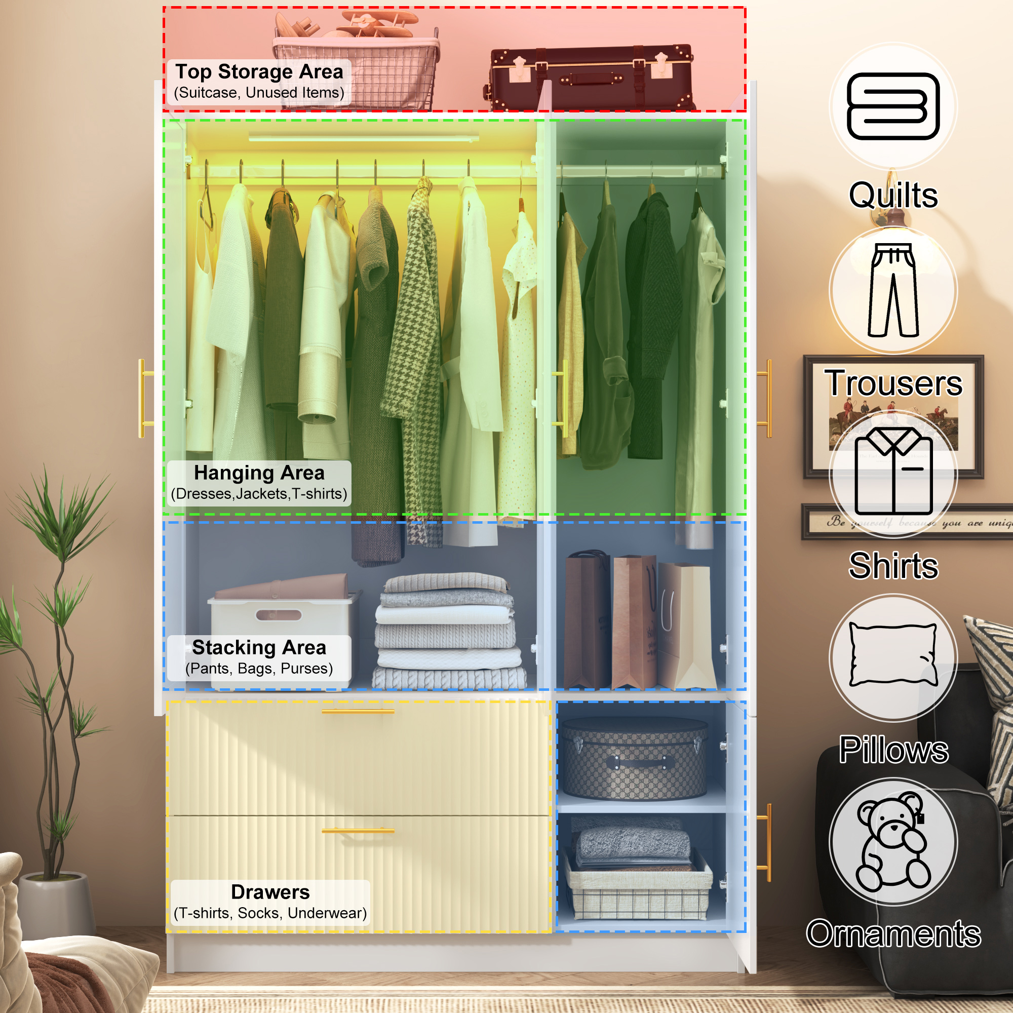 ANPOO Mid-Century Modern Fluted Bedroom Armoire, 3 Door Freestanding Wardrobe Closet with Mirrors, Motion Sensor LED Lights, 70.3" Tall Wooden Storage Cabinet with Drawers & Shelves