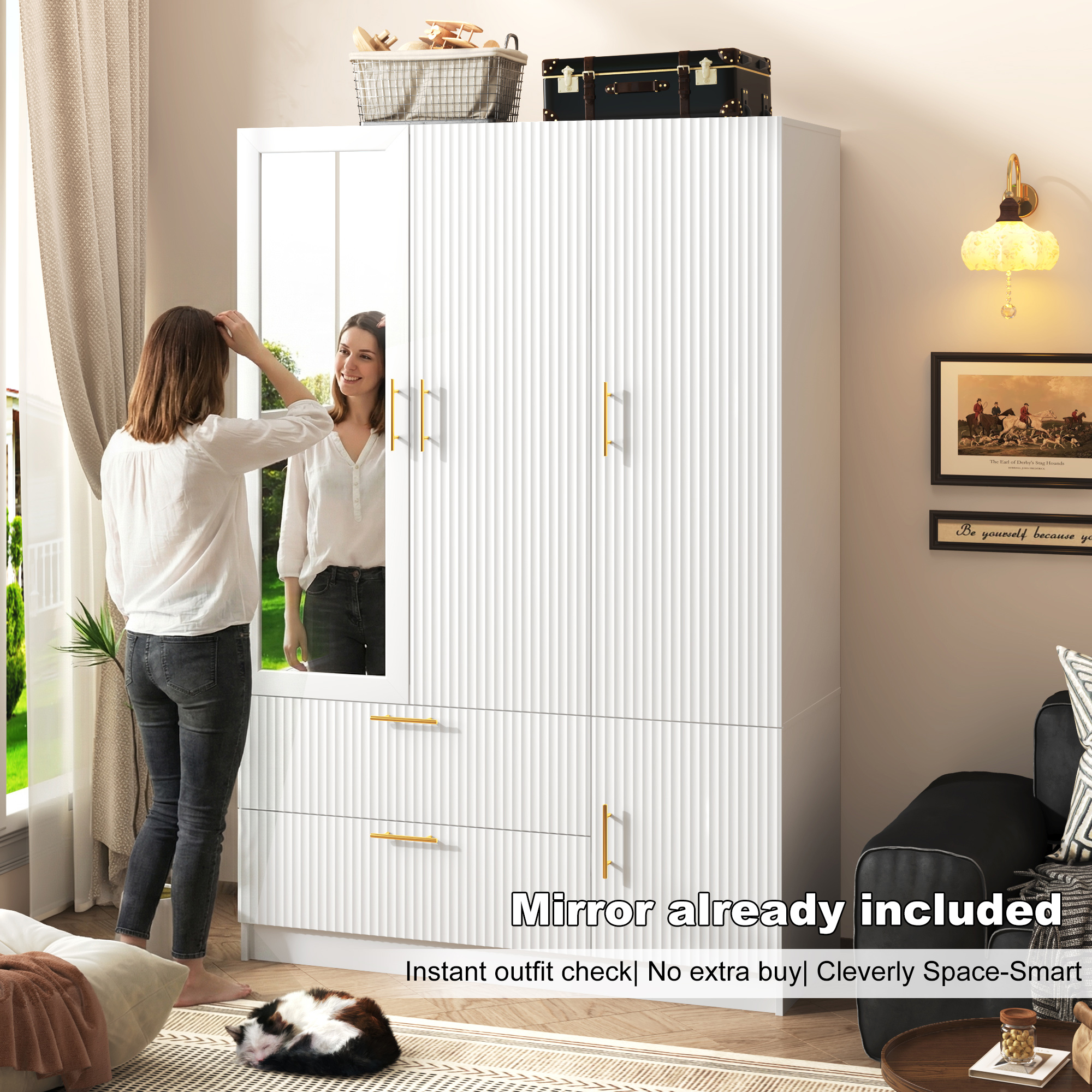 ANPOO Mid-Century Modern Fluted Bedroom Armoire, 3 Door Freestanding Wardrobe Closet with Mirrors, Motion Sensor LED Lights, 70.3" Tall Wooden Storage Cabinet with Drawers & Shelves