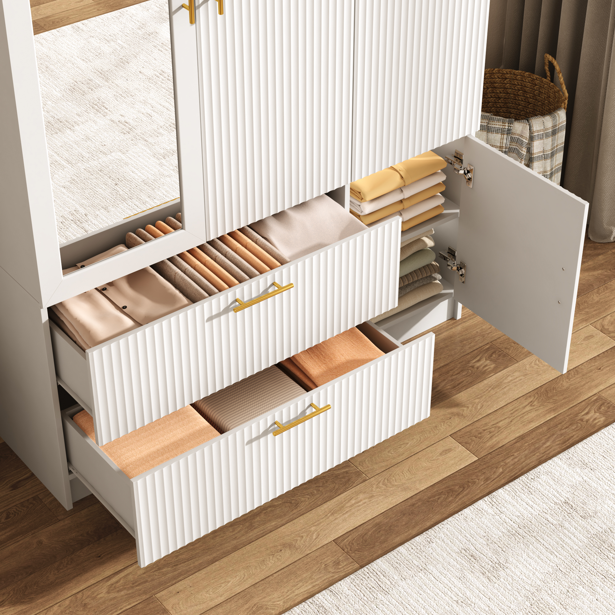 ANPOO Mid-Century Modern Fluted Bedroom Armoire, 3 Door Freestanding Wardrobe Closet with Mirrors, Motion Sensor LED Lights, 70.3" Tall Wooden Storage Cabinet with Drawers & Shelves