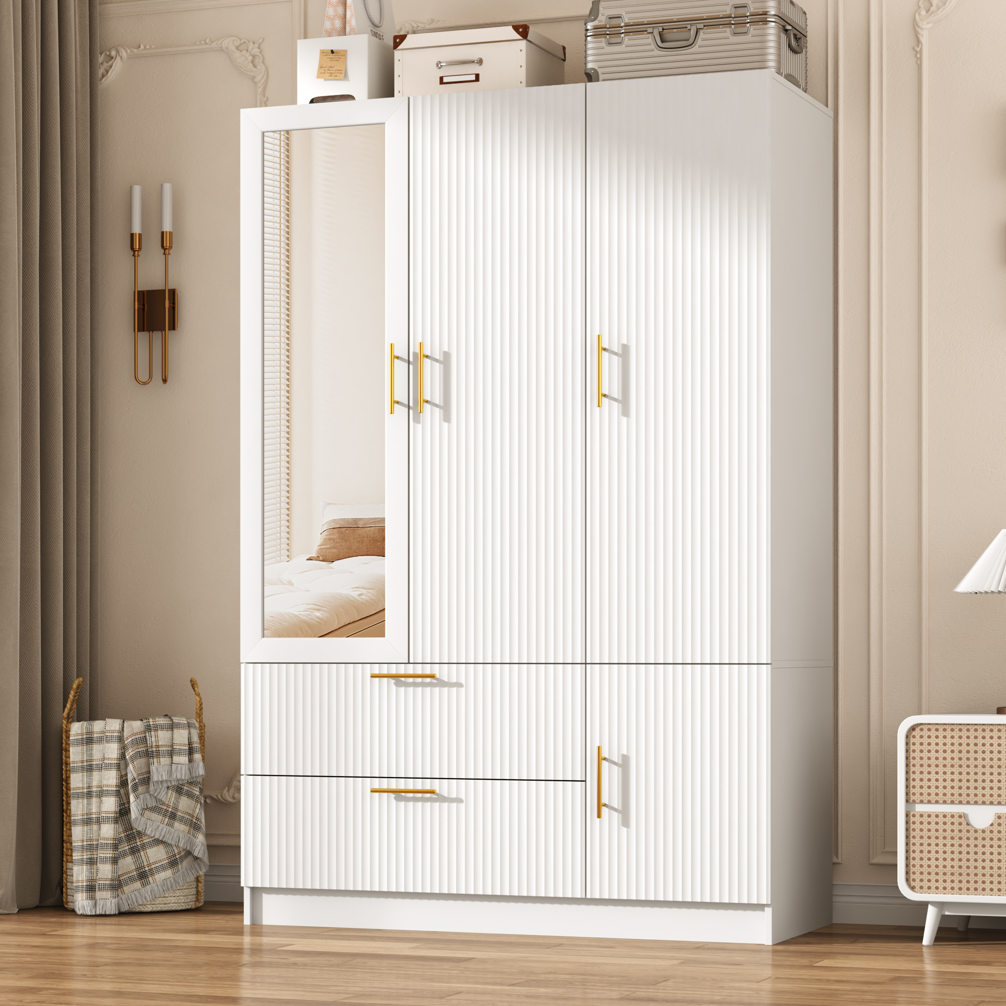 ANPOO Mid-Century Modern Fluted Bedroom Armoire, 3 Door Freestanding Wardrobe Closet with Mirrors, Motion Sensor LED Lights, 70.3" Tall Wooden Storage Cabinet with Drawers & Shelves