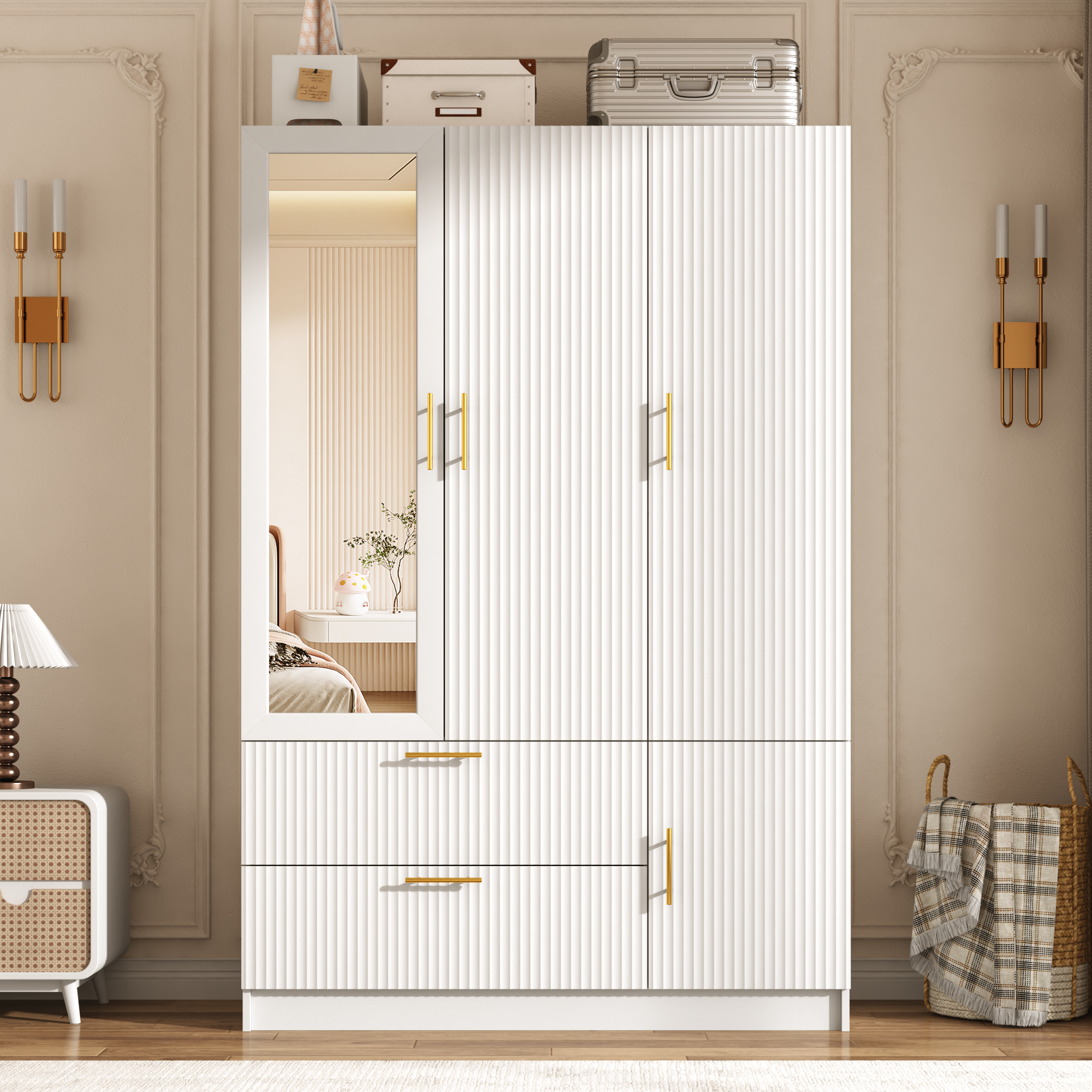 ANPOO Mid-Century Modern Fluted Bedroom Armoire, 3 Door Freestanding Wardrobe Closet with Mirrors, Motion Sensor LED Lights, 70.3" Tall Wooden Storage Cabinet with Drawers & Shelves