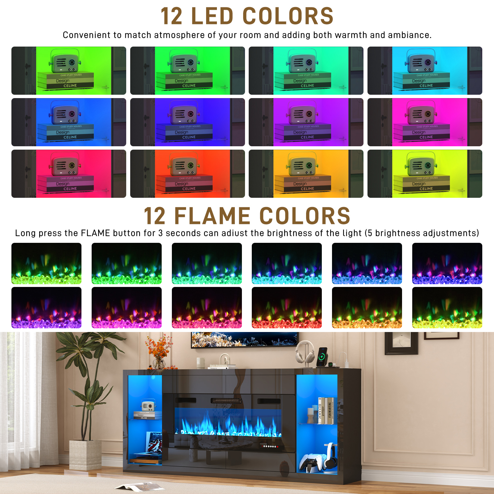 Blotout 82'' Fireplace TV Stand for 90/95''TV with 50'' Fireplace, LED Modern High Gloss Entertainment Center with Power Outlet, 4 Drawers, Adjustable Shelf, 2-Tier TV Console Cabinet, Black