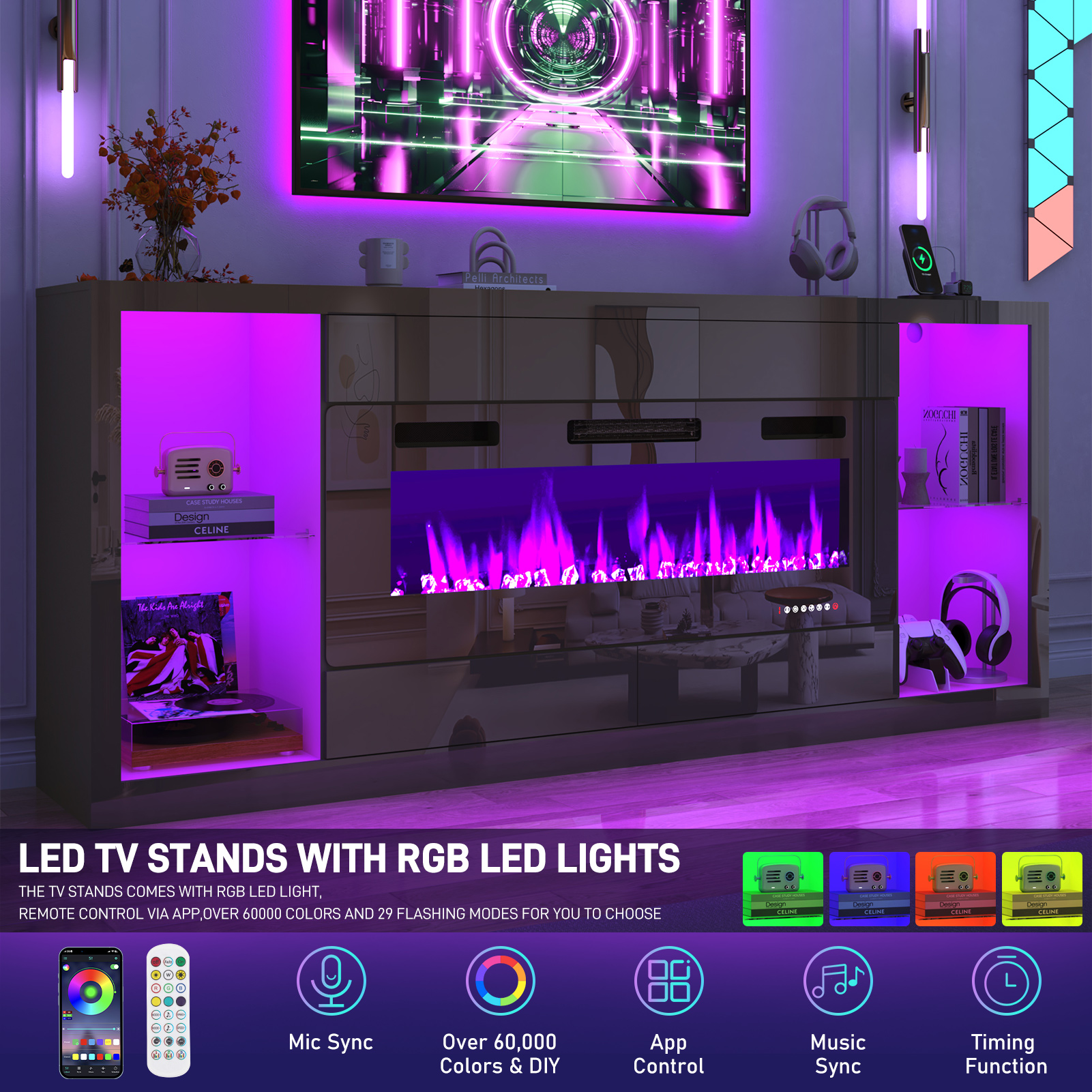 Blotout 82'' Fireplace TV Stand for 90/95''TV with 50'' Fireplace, LED Modern High Gloss Entertainment Center with Power Outlet, 4 Drawers, Adjustable Shelf, 2-Tier TV Console Cabinet, Black