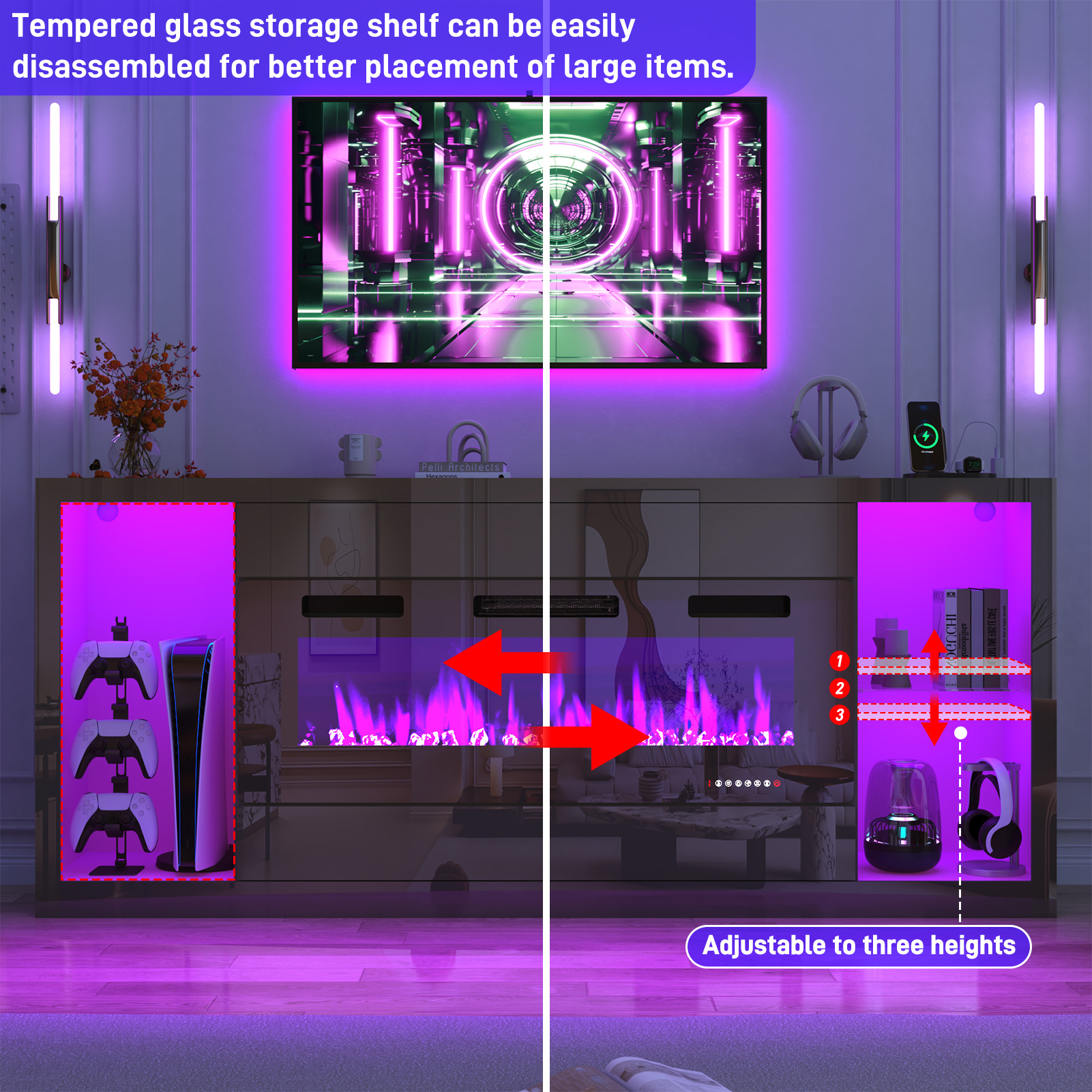 Blotout 82'' Fireplace TV Stand for 90/95''TV with 50'' Fireplace, LED Modern High Gloss Entertainment Center with Power Outlet, 4 Drawers, Adjustable Shelf, 2-Tier TV Console Cabinet, Black