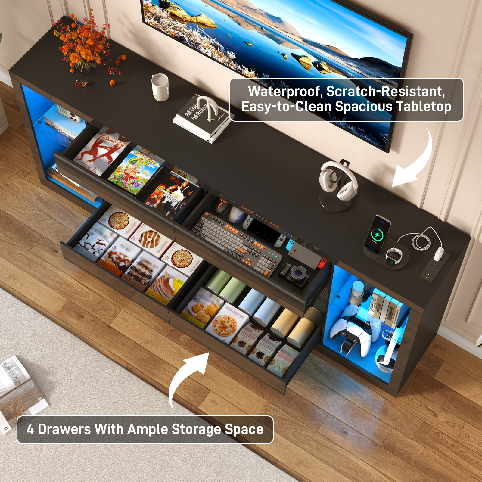 Blotout 82'' Fireplace TV Stand for 90/95''TV with 50'' Fireplace, LED Modern High Gloss Entertainment Center with Power Outlet, 4 Drawers, Adjustable Shelf, 2-Tier TV Console Cabinet, Black