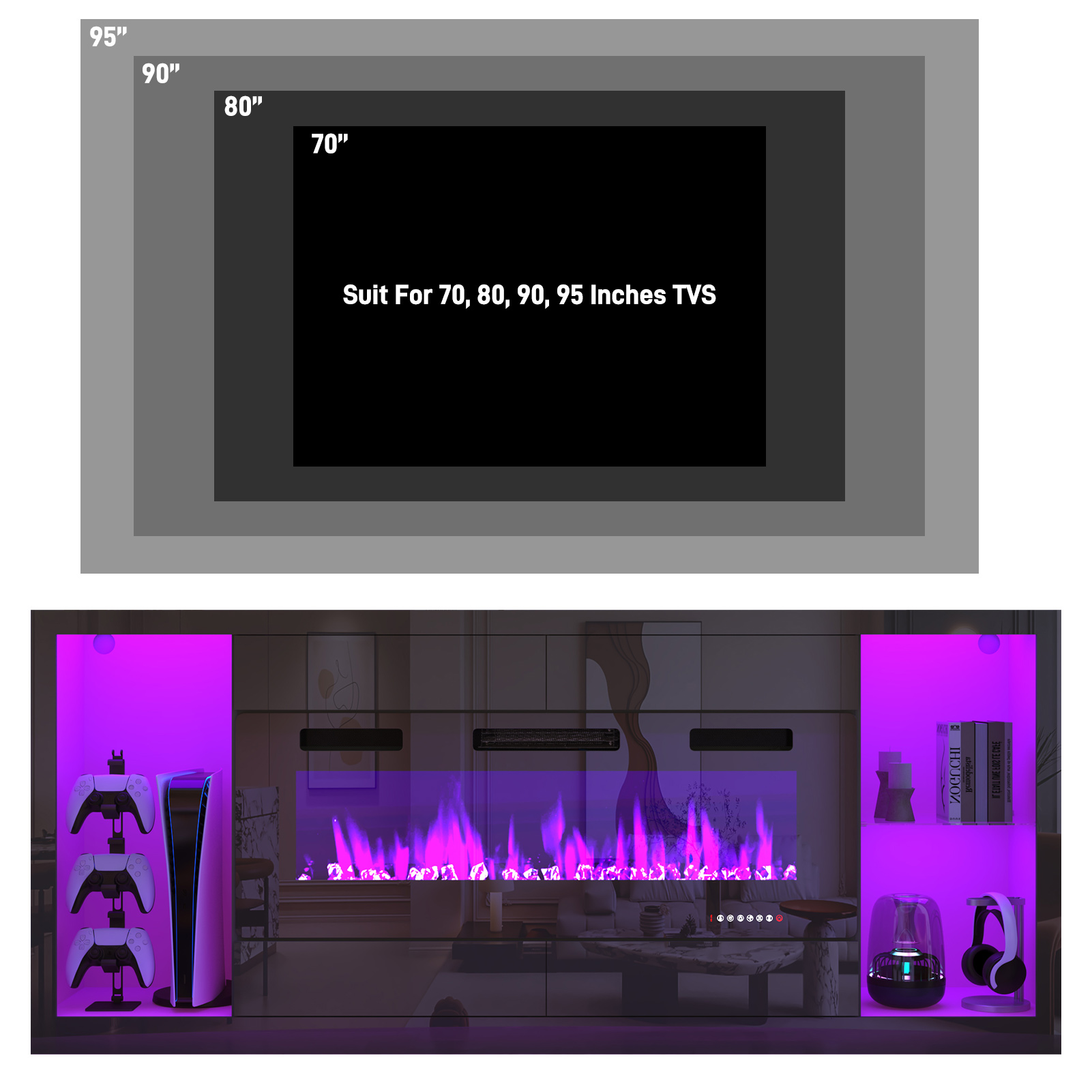 Blotout 82'' Fireplace TV Stand for 90/95''TV with 50'' Fireplace, LED Modern High Gloss Entertainment Center with Power Outlet, 4 Drawers, Adjustable Shelf, 2-Tier TV Console Cabinet, Black