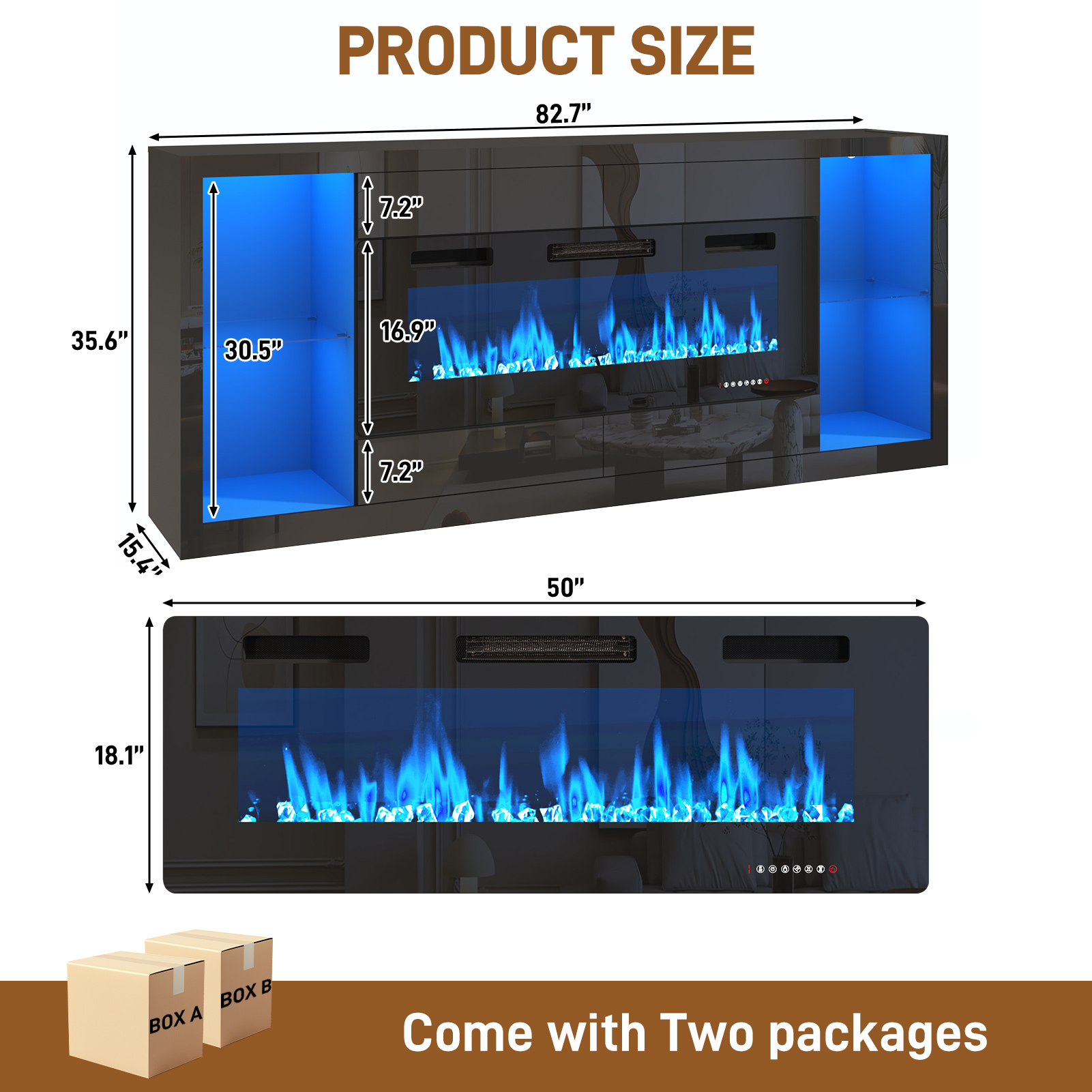 Blotout 82'' Fireplace TV Stand for 90/95''TV with 50'' Fireplace, LED Modern High Gloss Entertainment Center with Power Outlet, 4 Drawers, Adjustable Shelf, 2-Tier TV Console Cabinet, Black