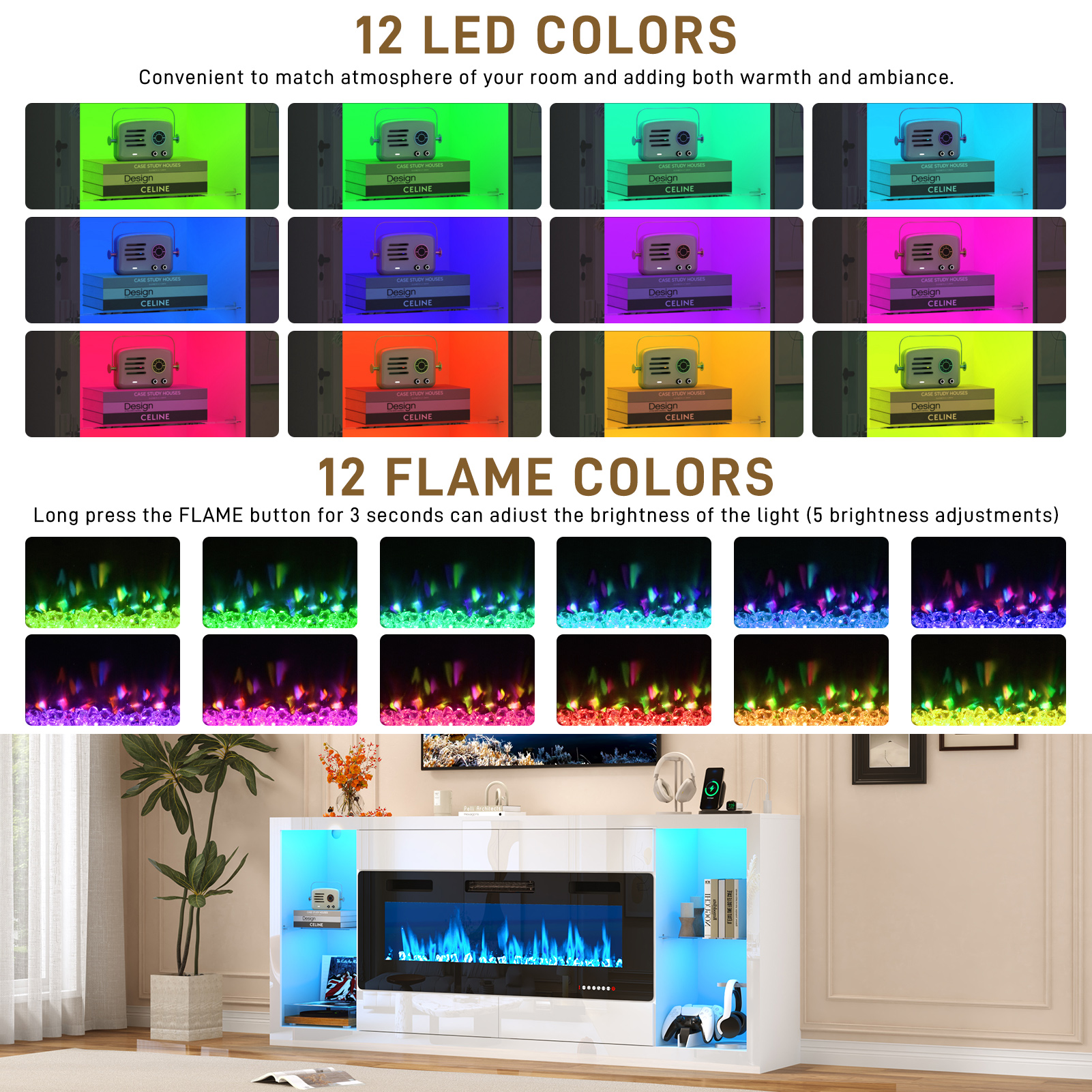 Blotout 82'' Fireplace TV Stand for 90/95''TV with 50'' Fireplace, LED Modern High Gloss Entertainment Center with Power Outlet, 4 Drawers, Adjustable Shelf, 2-Tier TV Console Cabinet, White