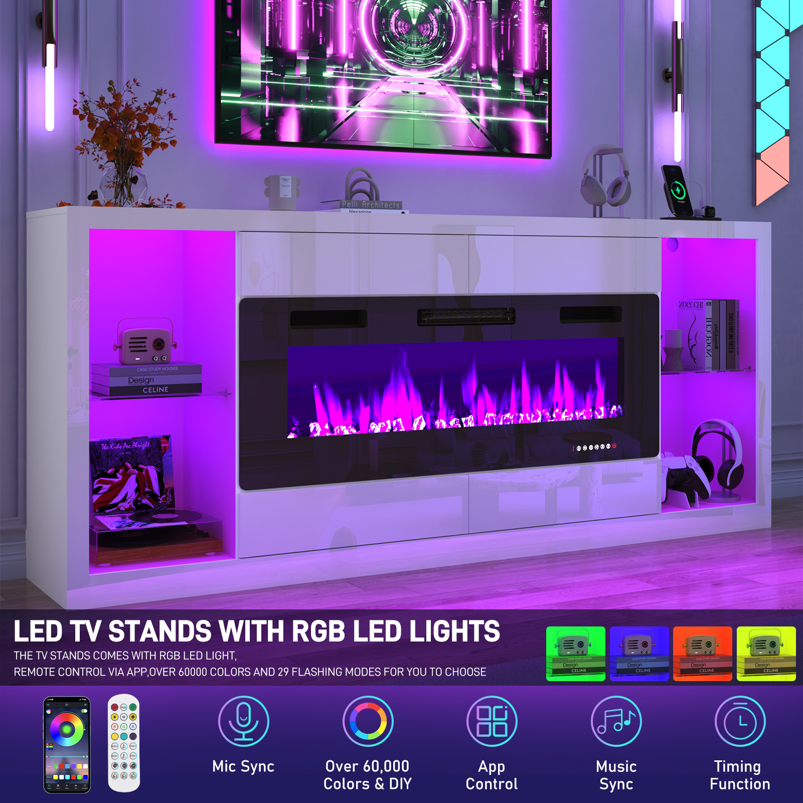 Blotout 82'' Fireplace TV Stand for 90/95''TV with 50'' Fireplace, LED Modern High Gloss Entertainment Center with Power Outlet, 4 Drawers, Adjustable Shelf, 2-Tier TV Console Cabinet, White