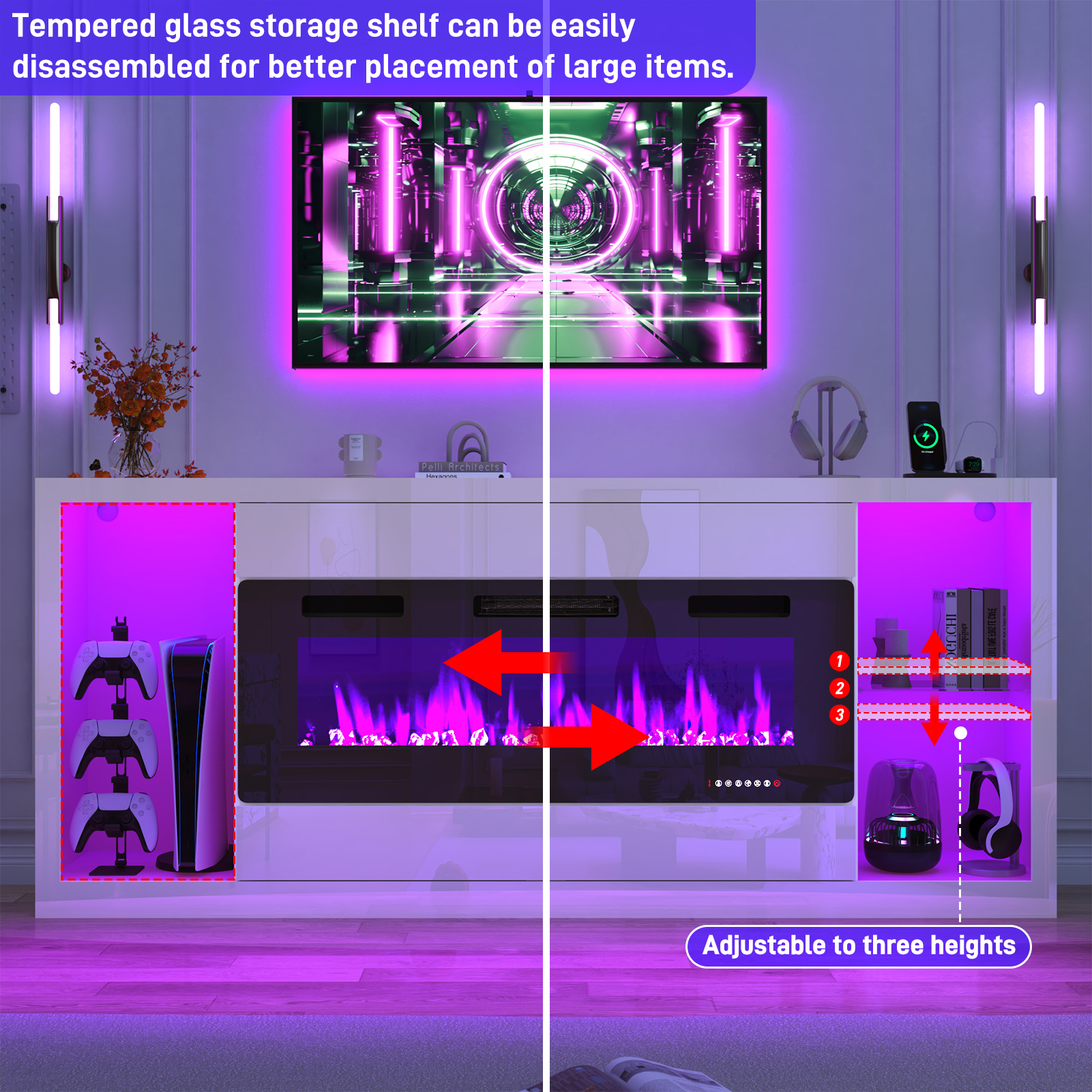 Blotout 82'' Fireplace TV Stand for 90/95''TV with 50'' Fireplace, LED Modern High Gloss Entertainment Center with Power Outlet, 4 Drawers, Adjustable Shelf, 2-Tier TV Console Cabinet, White