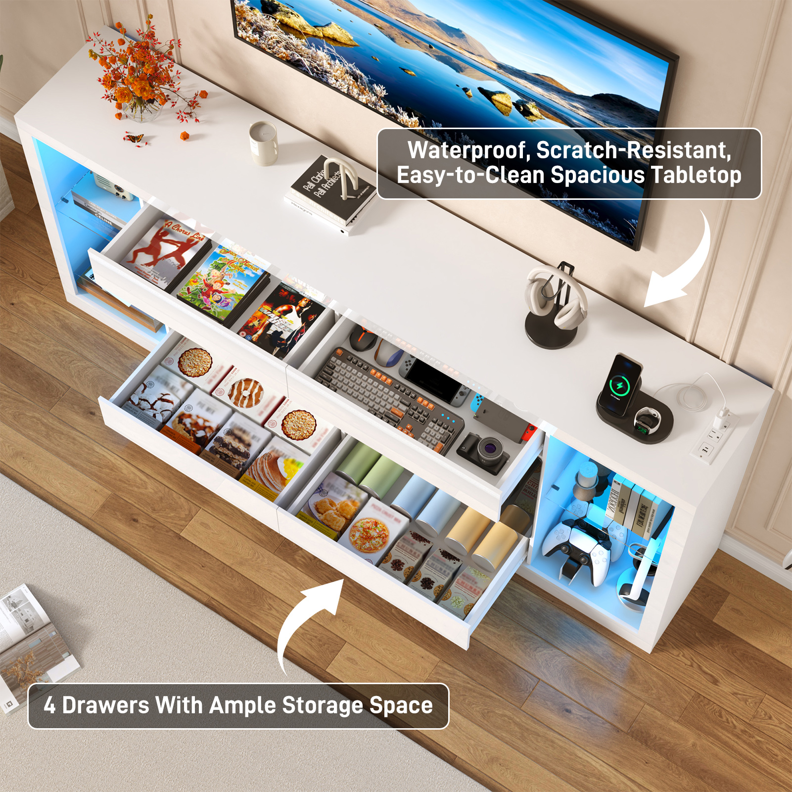 Blotout 82'' Fireplace TV Stand for 90/95''TV with 50'' Fireplace, LED Modern High Gloss Entertainment Center with Power Outlet, 4 Drawers, Adjustable Shelf, 2-Tier TV Console Cabinet, White