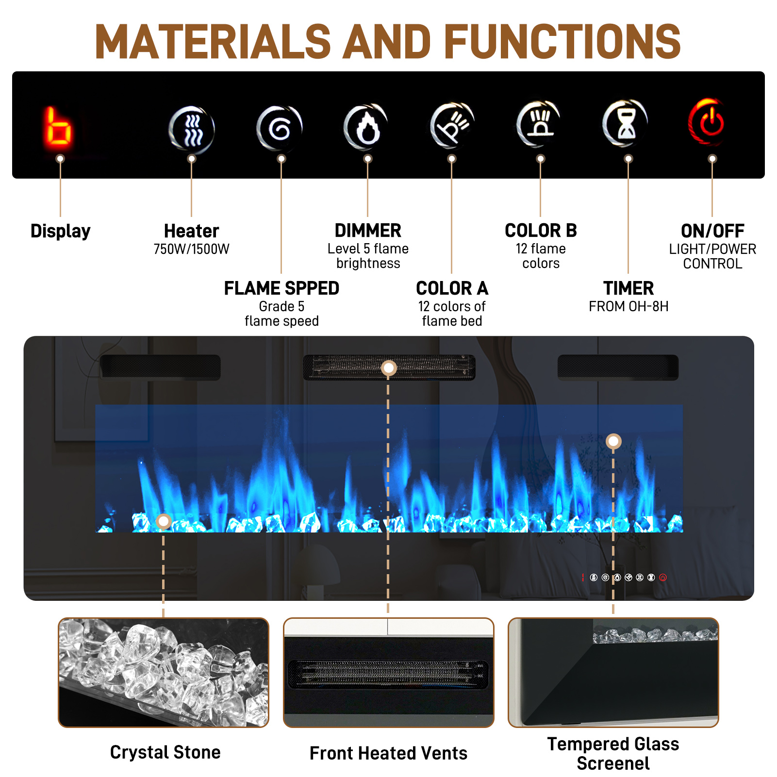 Blotout 82'' Fireplace TV Stand for 90/95''TV with 50'' Fireplace, LED Modern High Gloss Entertainment Center with Power Outlet, 4 Drawers, Adjustable Shelf, 2-Tier TV Console Cabinet, White