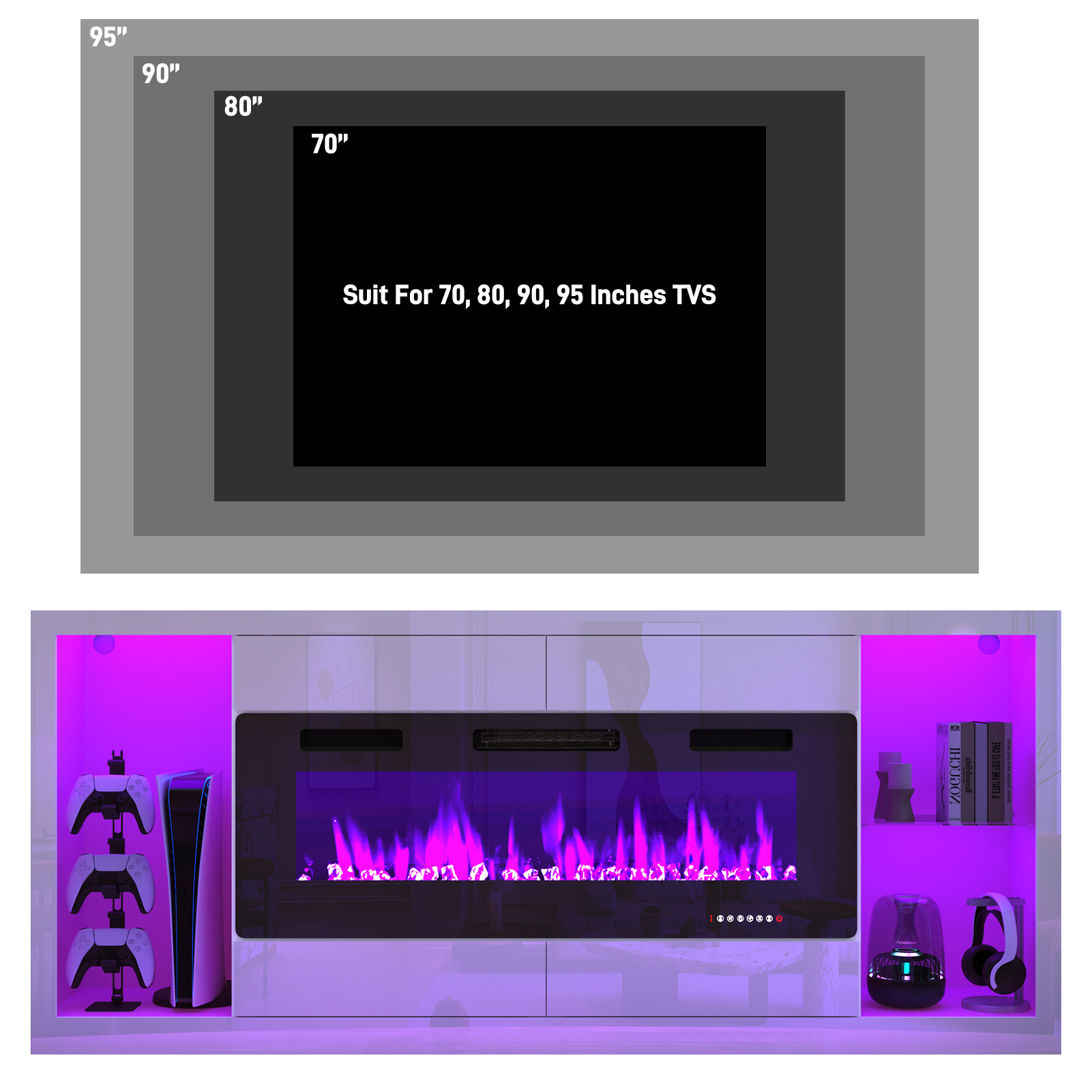 Blotout 82'' Fireplace TV Stand for 90/95''TV with 50'' Fireplace, LED Modern High Gloss Entertainment Center with Power Outlet, 4 Drawers, Adjustable Shelf, 2-Tier TV Console Cabinet, White