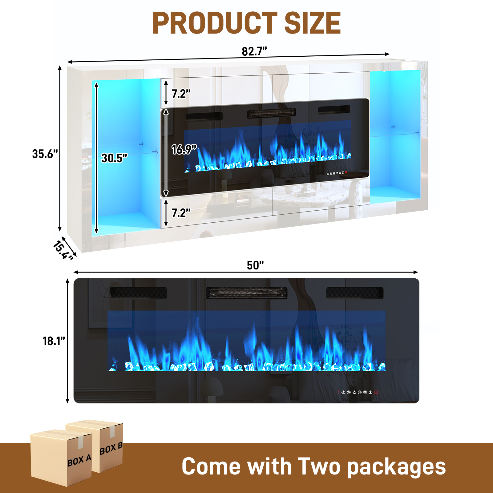 Blotout 82'' Fireplace TV Stand for 90/95''TV with 50'' Fireplace, LED Modern High Gloss Entertainment Center with Power Outlet, 4 Drawers, Adjustable Shelf, 2-Tier TV Console Cabinet, White