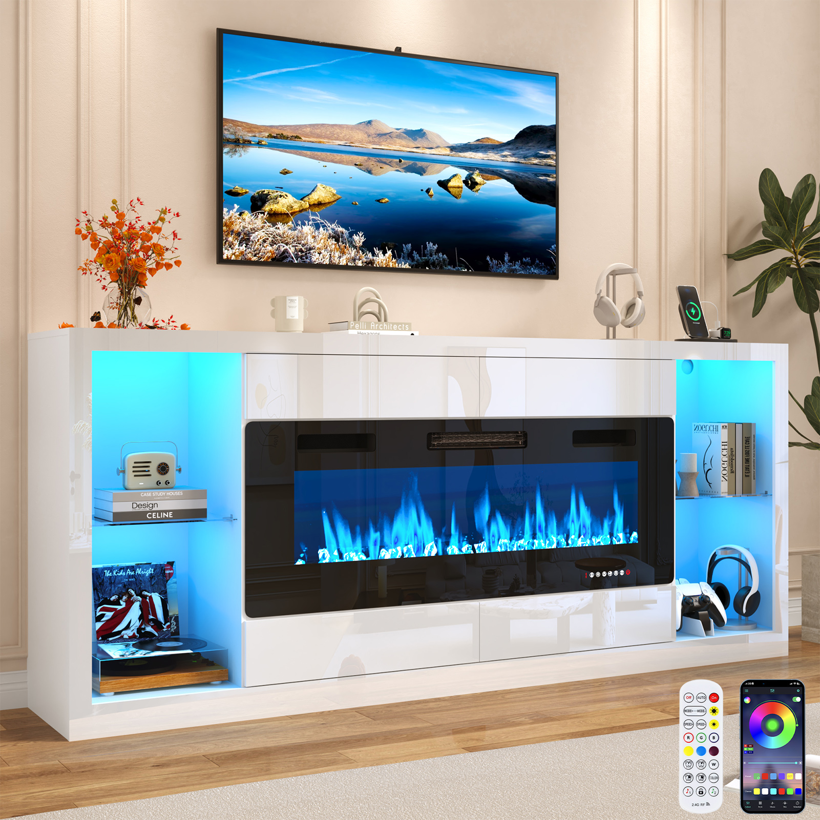 Blotout 82'' Fireplace TV Stand for 90/95''TV with 50'' Fireplace, LED Modern High Gloss Entertainment Center with Power Outlet, 4 Drawers, Adjustable Shelf, 2-Tier TV Console Cabinet, White