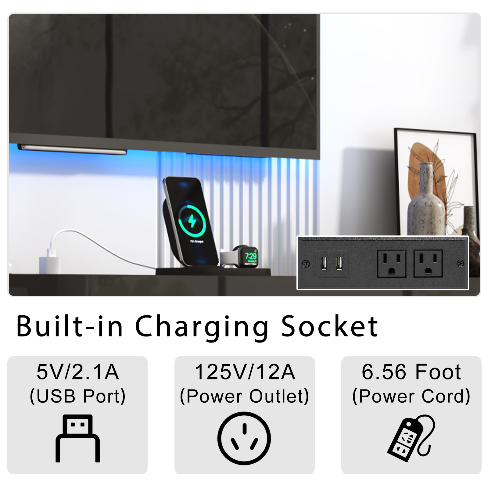 Blotout 80'' Fireplace TV Stand with 40'' Fireplace, Gloss Wall Mounted Fireplace Entertainment Center with Storage&Power Outlet, Modern LED Light Console for Wall-mounted TV Up to 90''