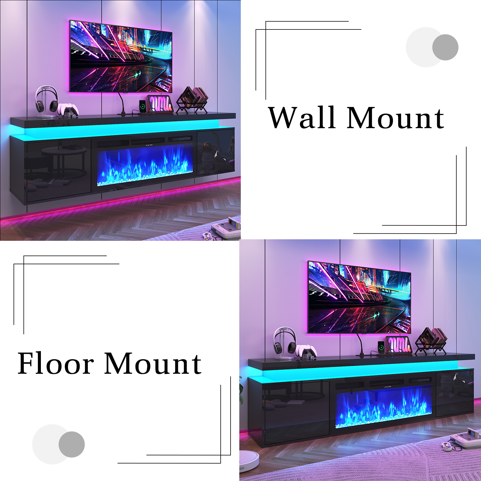 Blotout Floating TV Stand with 36'' Electric Fireplace, 70'' High Gloss Wall Mounted Fireplace Entertainment Center with Storage&Power Outlet, Modern LED Lights Media Console for TVs Up to 80''