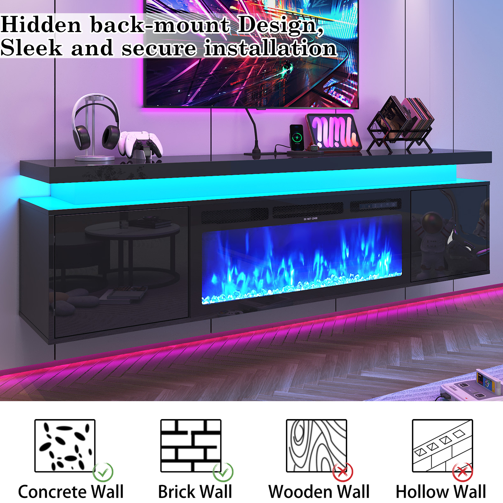 Blotout Floating TV Stand with 36'' Electric Fireplace, 70'' High Gloss Wall Mounted Fireplace Entertainment Center with Storage&Power Outlet, Modern LED Lights Media Console for TVs Up to 80''