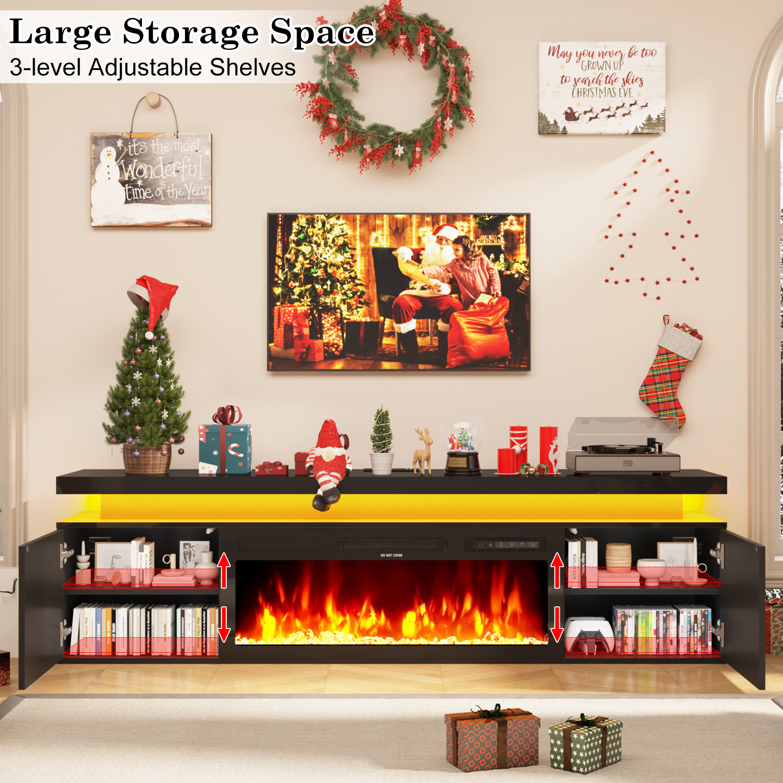 Blotout Floating TV Stand with 36'' Electric Fireplace, 70'' High Gloss Wall Mounted Fireplace Entertainment Center with Storage&Power Outlet, Modern LED Lights Media Console for TVs Up to 80''