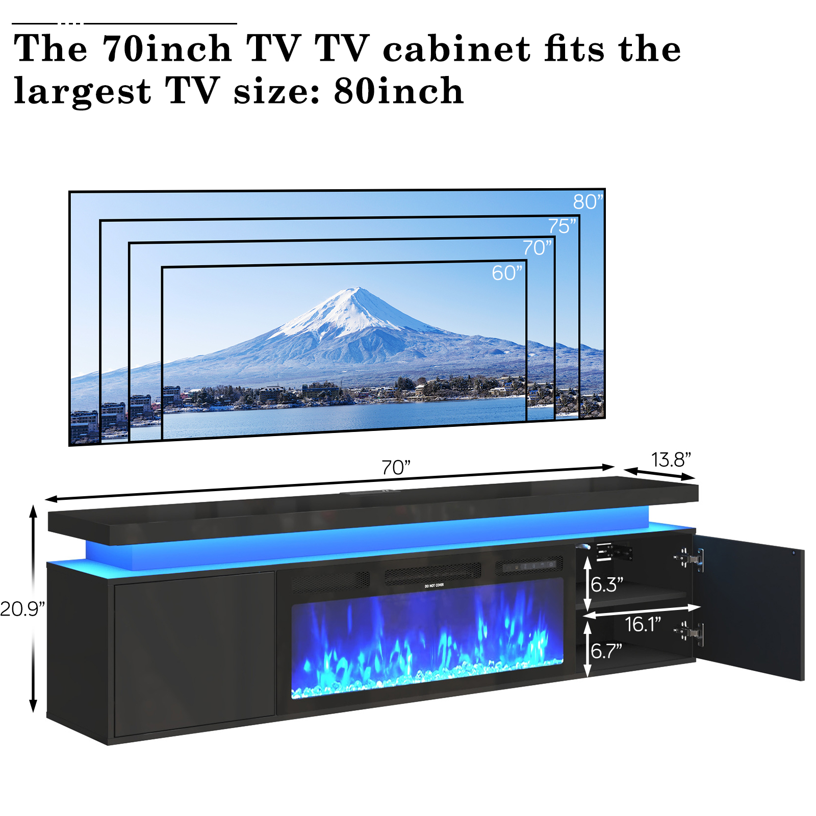 Blotout Floating TV Stand with 36'' Electric Fireplace, 70'' High Gloss Wall Mounted Fireplace Entertainment Center with Storage&Power Outlet, Modern LED Lights Media Console for TVs Up to 80''
