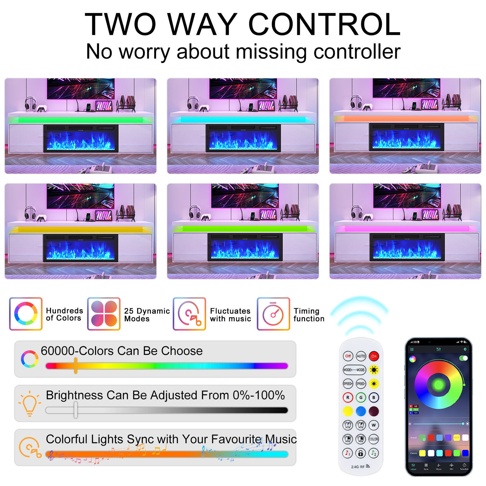 Blotout 70'' Fireplace TV Stand with 36'' Fireplace, Gloss Wall Mounted Fireplace Entertainment Center with Storage&Power Outlet, Modern LED Light Console for Wall-mounted TV Up to 80''