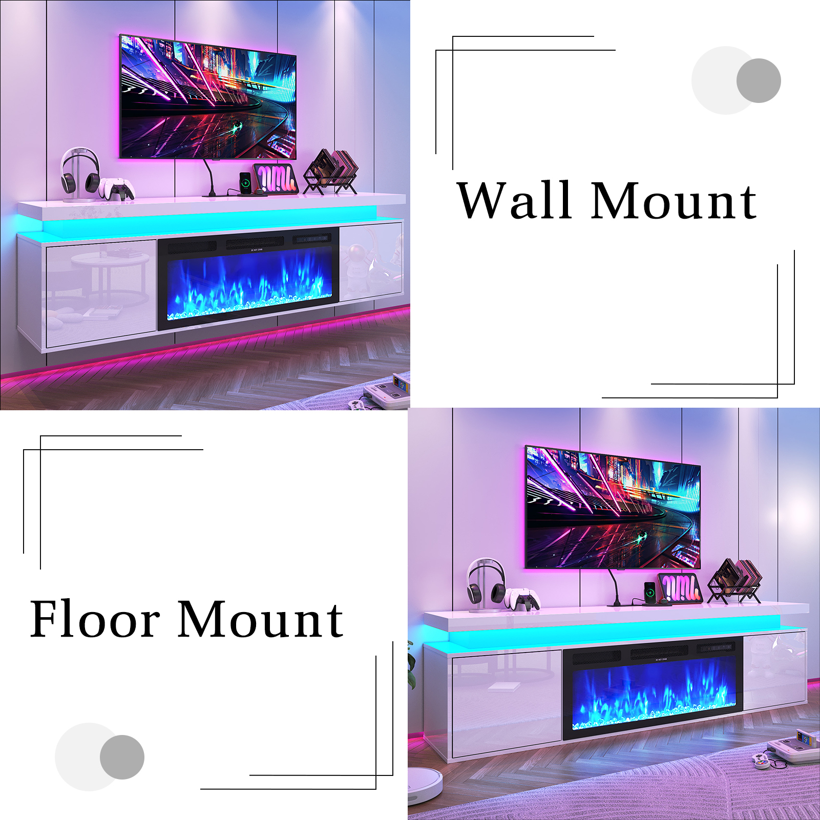 Blotout 70'' Fireplace TV Stand with 36'' Fireplace, Gloss Wall Mounted Fireplace Entertainment Center with Storage&Power Outlet, Modern LED Light Console for Wall-mounted TV Up to 80''