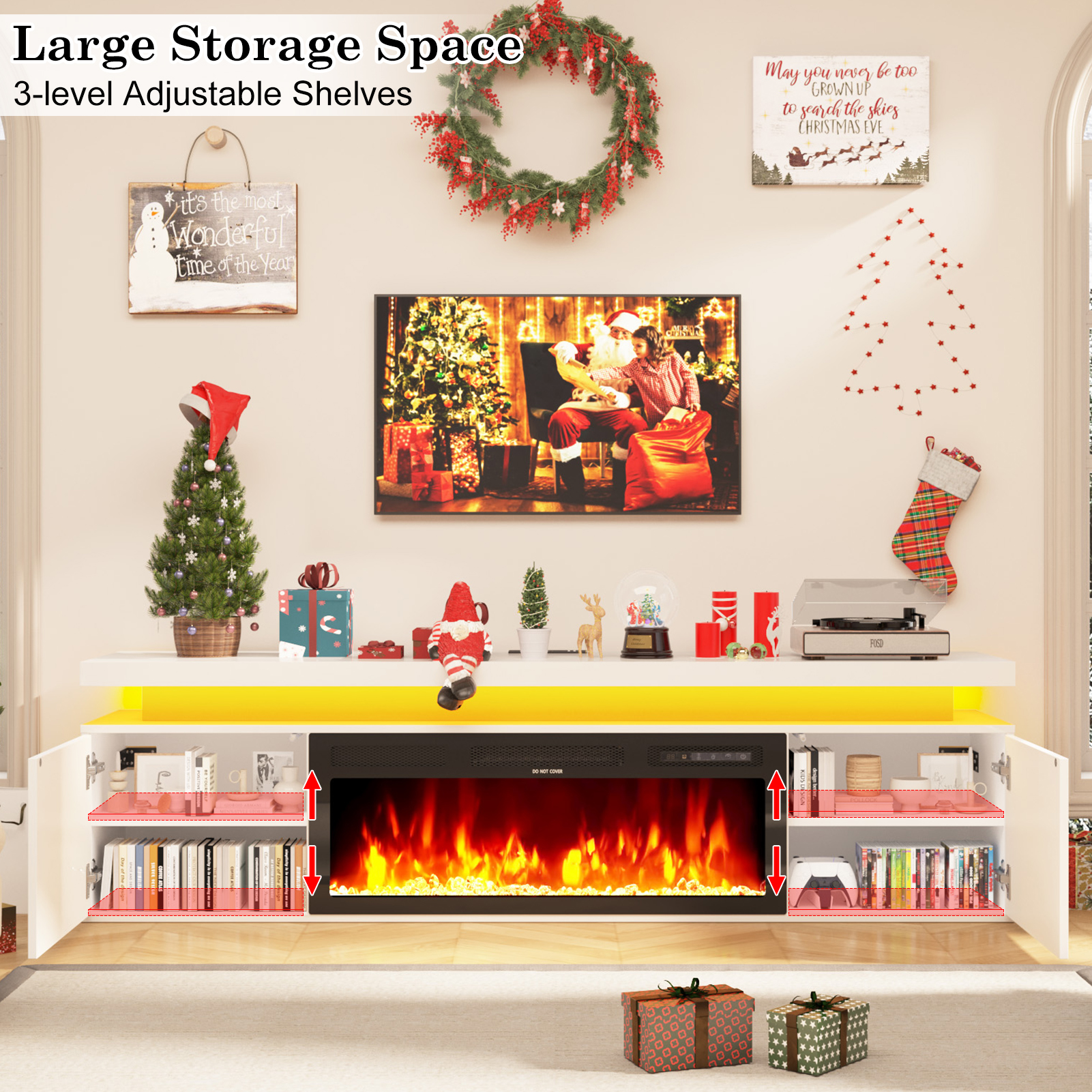 Blotout 70'' Fireplace TV Stand with 36'' Fireplace, Gloss Wall Mounted Fireplace Entertainment Center with Storage&Power Outlet, Modern LED Light Console for Wall-mounted TV Up to 80''