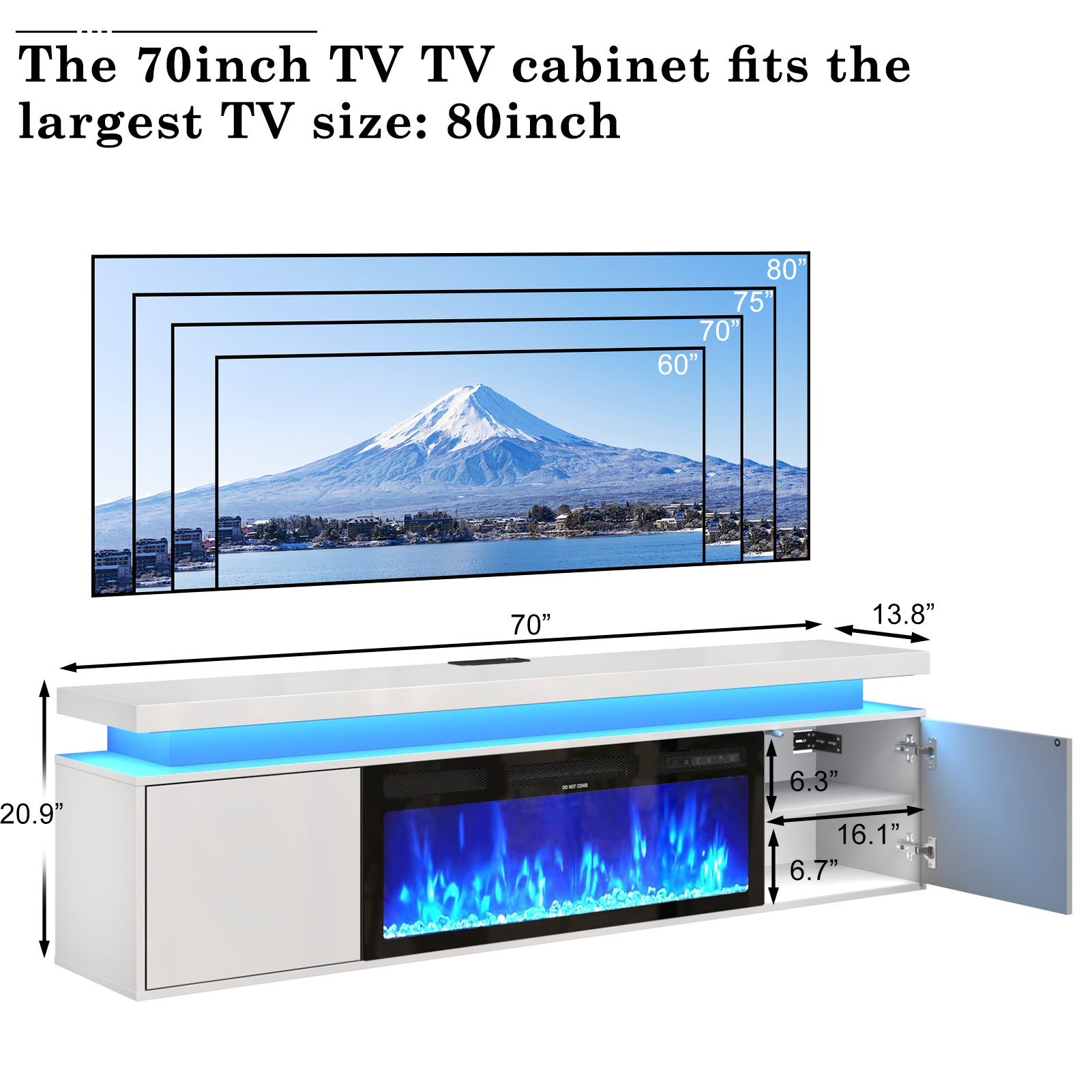 Blotout 70'' Fireplace TV Stand with 36'' Fireplace, Gloss Wall Mounted Fireplace Entertainment Center with Storage&Power Outlet, Modern LED Light Console for Wall-mounted TV Up to 80''