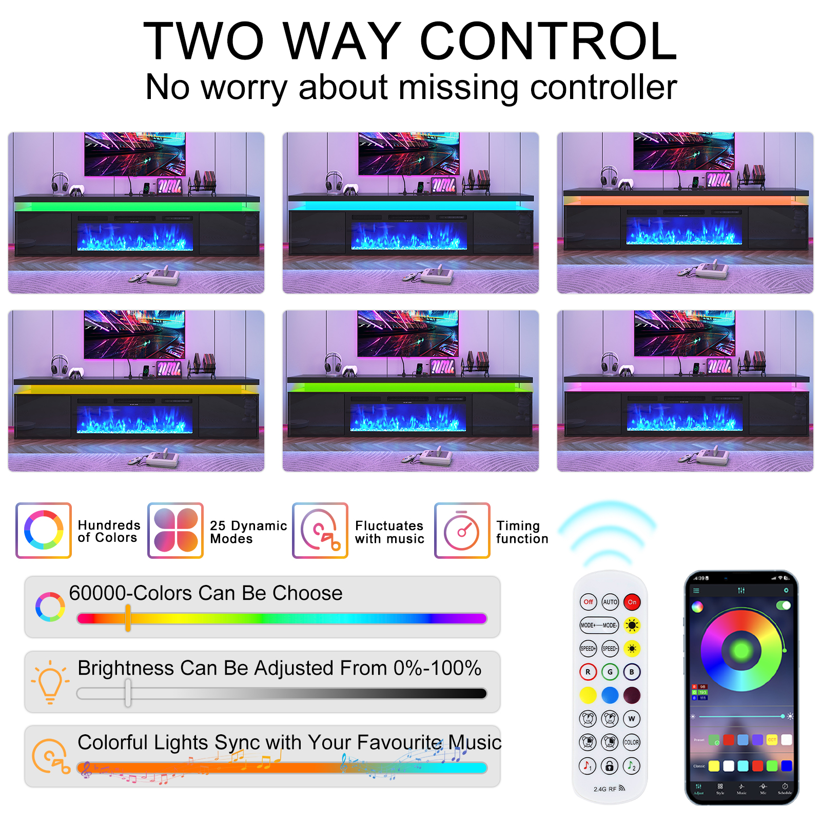 Blotout 80'' Fireplace TV Stand with 40'' Fireplace, Gloss Wall Mounted Fireplace Entertainment Center with Storage&Power Outlet, Modern LED Light Console for Wall-mounted TV Up to 90''