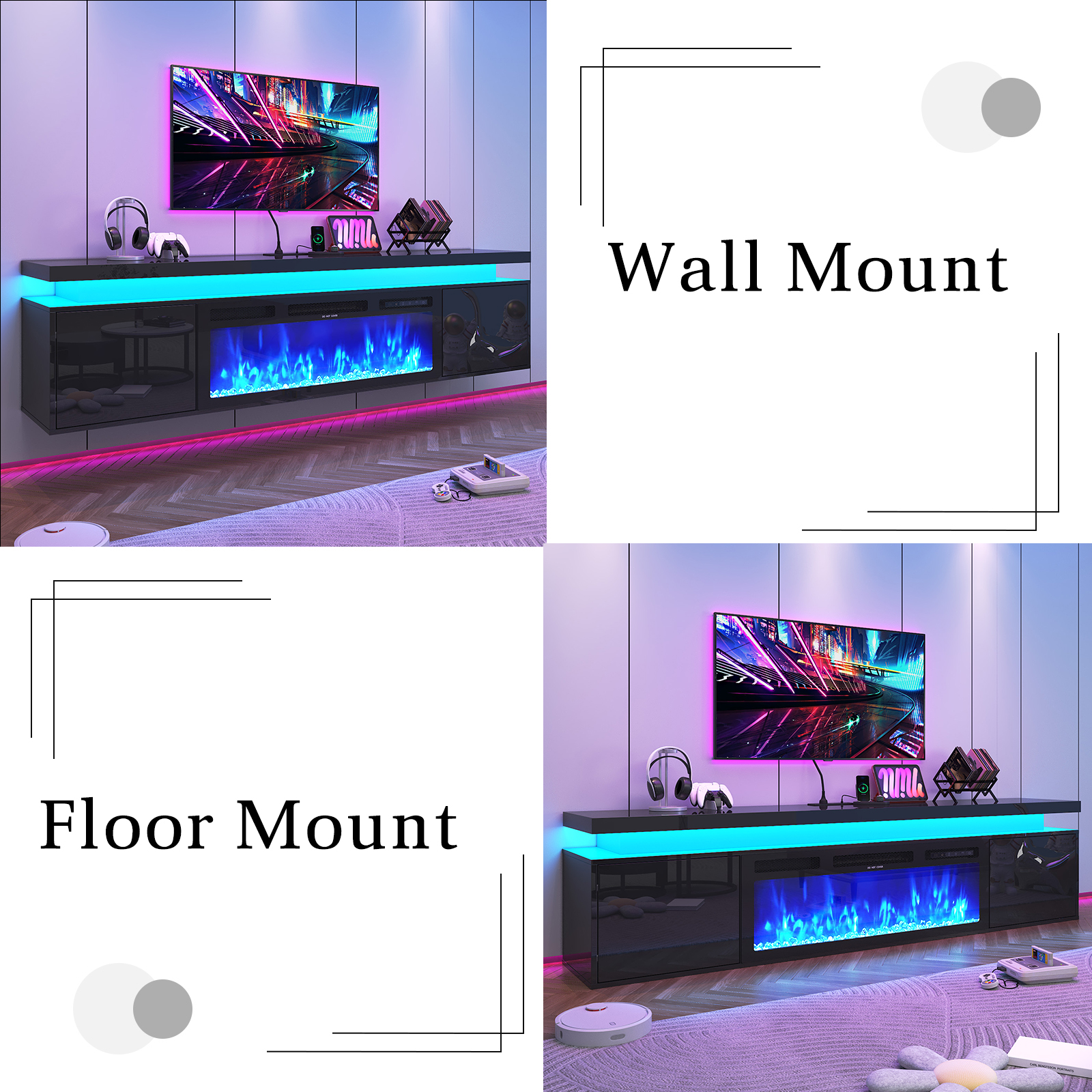 Blotout 80'' Fireplace TV Stand with 40'' Fireplace, Gloss Wall Mounted Fireplace Entertainment Center with Storage&Power Outlet, Modern LED Light Console for Wall-mounted TV Up to 90''