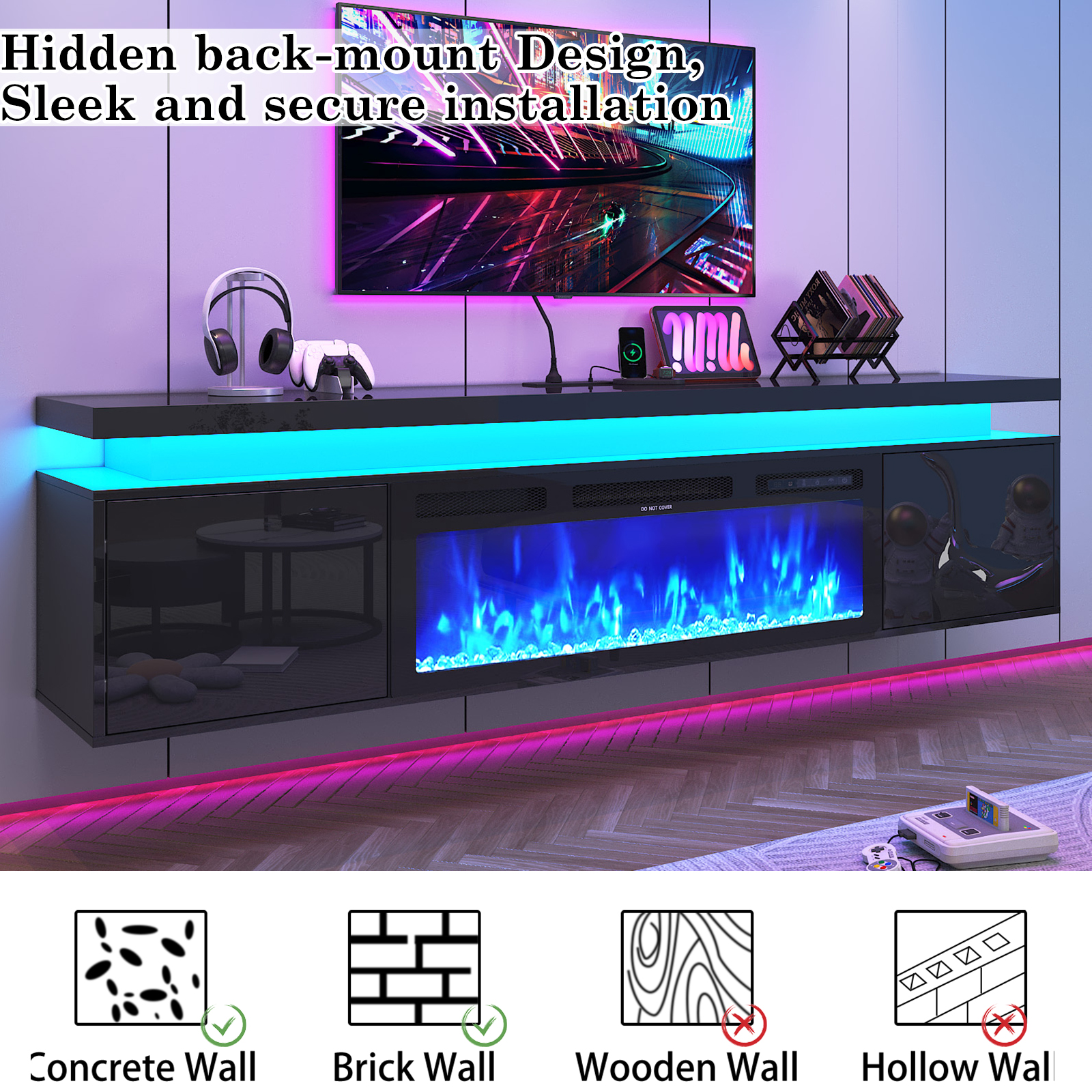 Blotout 80'' Fireplace TV Stand with 40'' Fireplace, Gloss Wall Mounted Fireplace Entertainment Center with Storage&Power Outlet, Modern LED Light Console for Wall-mounted TV Up to 90''