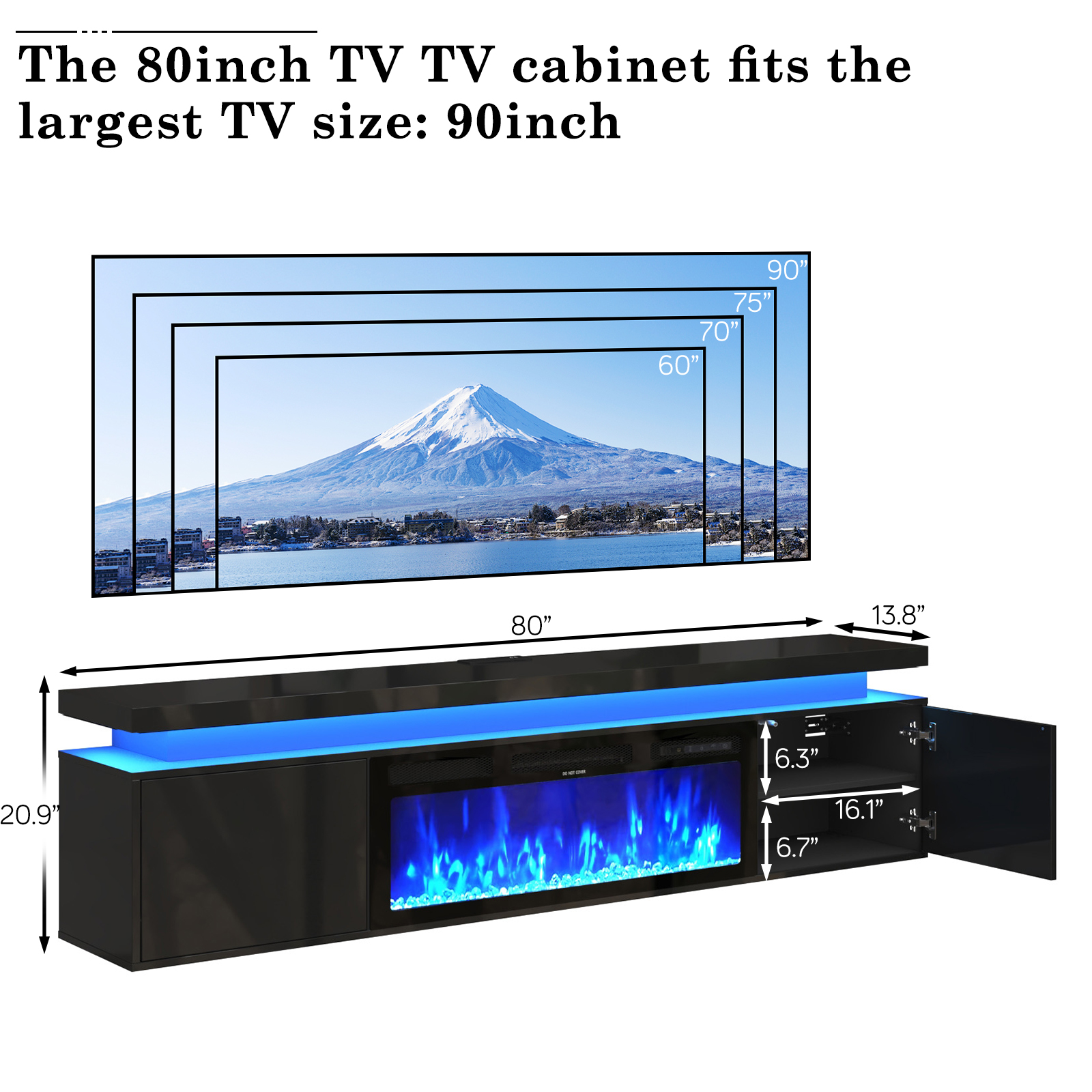 Blotout 80'' Fireplace TV Stand with 40'' Fireplace, Gloss Wall Mounted Fireplace Entertainment Center with Storage&Power Outlet, Modern LED Light Console for Wall-mounted TV Up to 90''