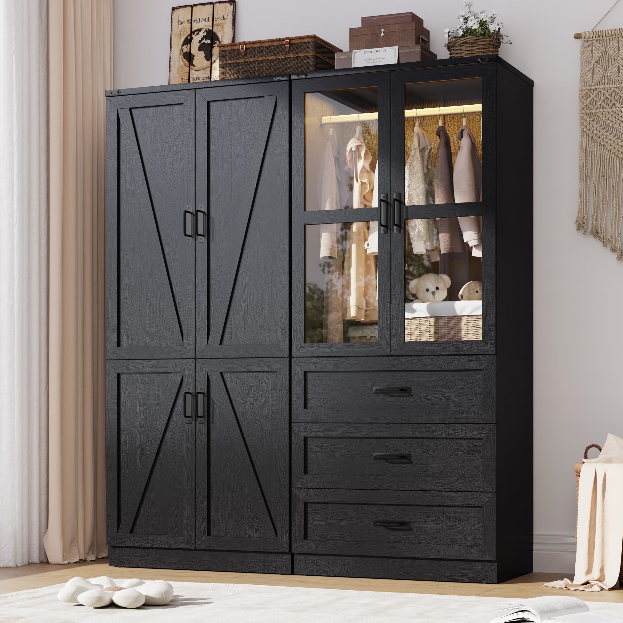 75" H Armoire Wardrobe Closet 6 Doors with LED Lights & 3 Drawers